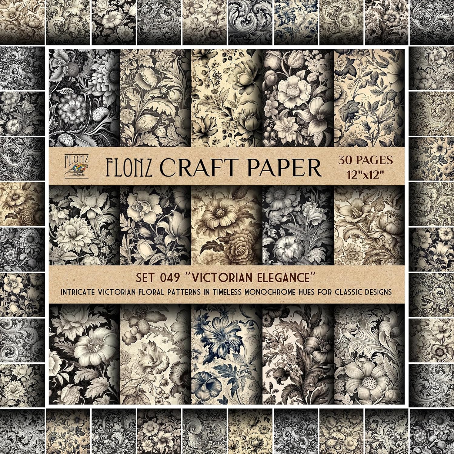 Scrapbook Paper (30 pages 12"x12") Victorian Elegance: Intricate Victorian Floral Patterns in Timeless Monochrome Hues for Classic Designs FLONZ Vintage Styled Double Sided Paper Pad for Craft