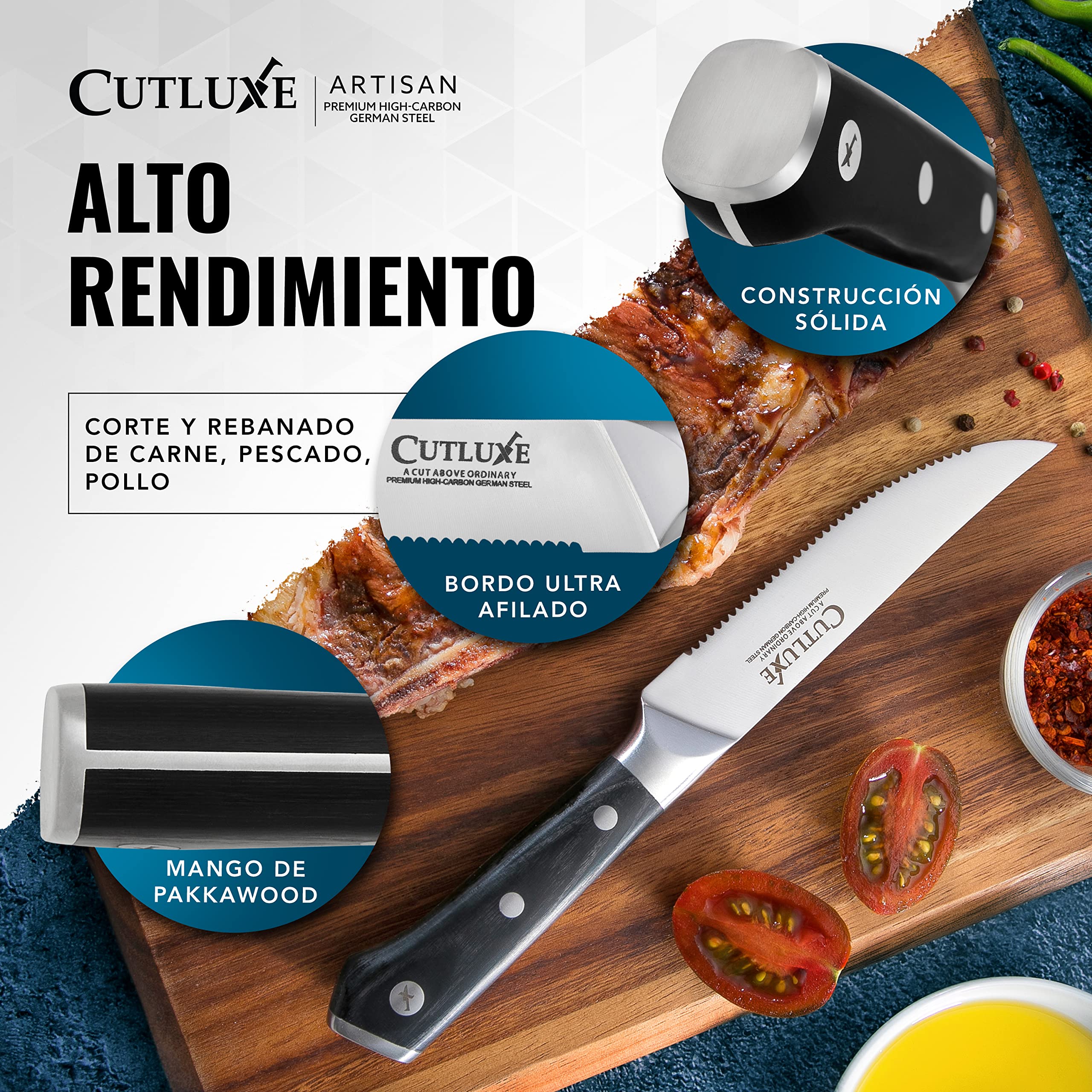 Cutluxe Cuchillos Carne – Juego de 8 Cuchillos de Mesa, Cuchillos Sierra – Acero Alemán Alto Carbono Forjado, Espiga Completa, Diseño Ergonómico Mango – Serie Artesanal