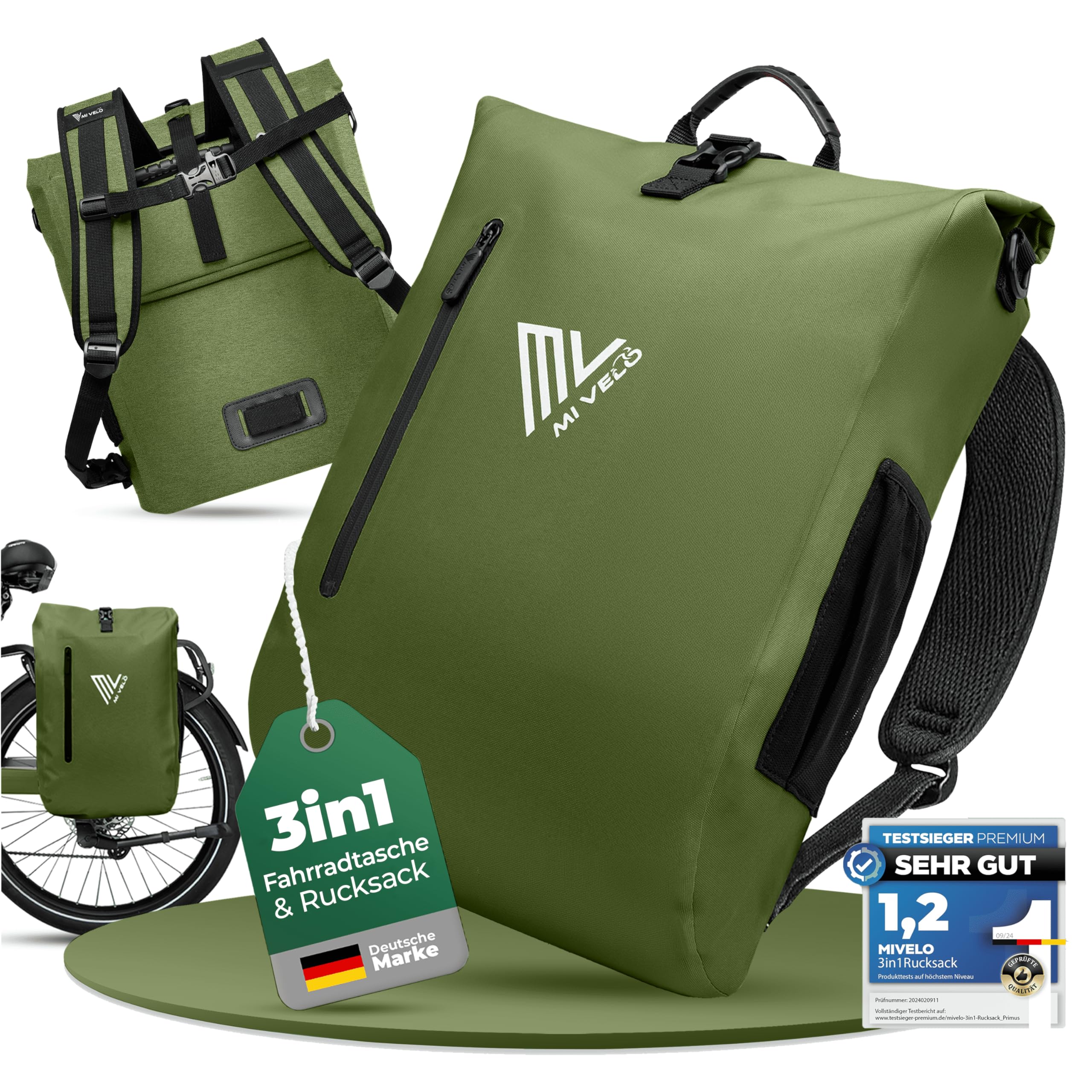 MIVELO - 3in1 Fahrradtasche für Gepäckträger, 100% wasserdicht & PVC-frei, Fahrradtasche Rucksack & Umhängetasche, Fahrrad Tasche Gepäckträgertasche (Olivgrün, 20L)
