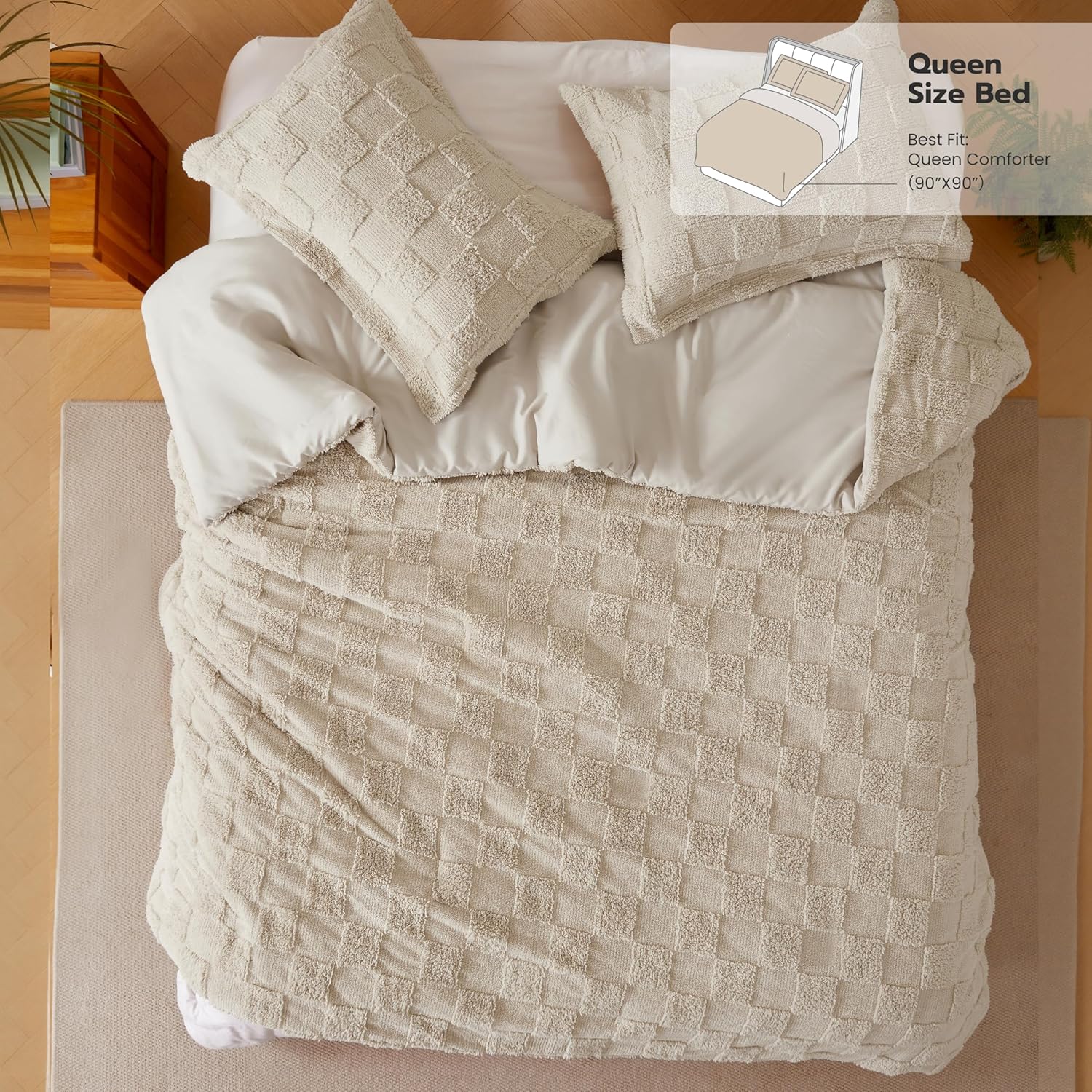 Joiedomi Tufted Queen Comforter Set, 3 Pieces Beige Boho Queen Bedding Set with 1 Plaid Geometric Comforter and 2 Pillow Shams, Checkered Bed in a Bag for All Seasons - Image 2