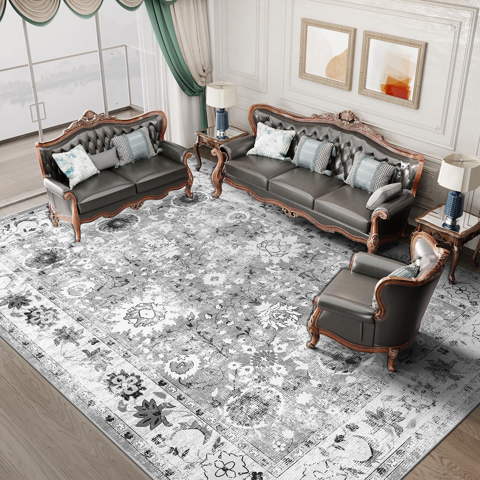 IKALIFE Tappeto Salotto Lavabile Lavatrice - Tappeto Soggiorno Vintage Tappeto Pelo Corto Tappeto Grande Tappeto Camera da Letto, Morbido Antiscivolo per Sala, Pranzo 160x230 cm Grigio