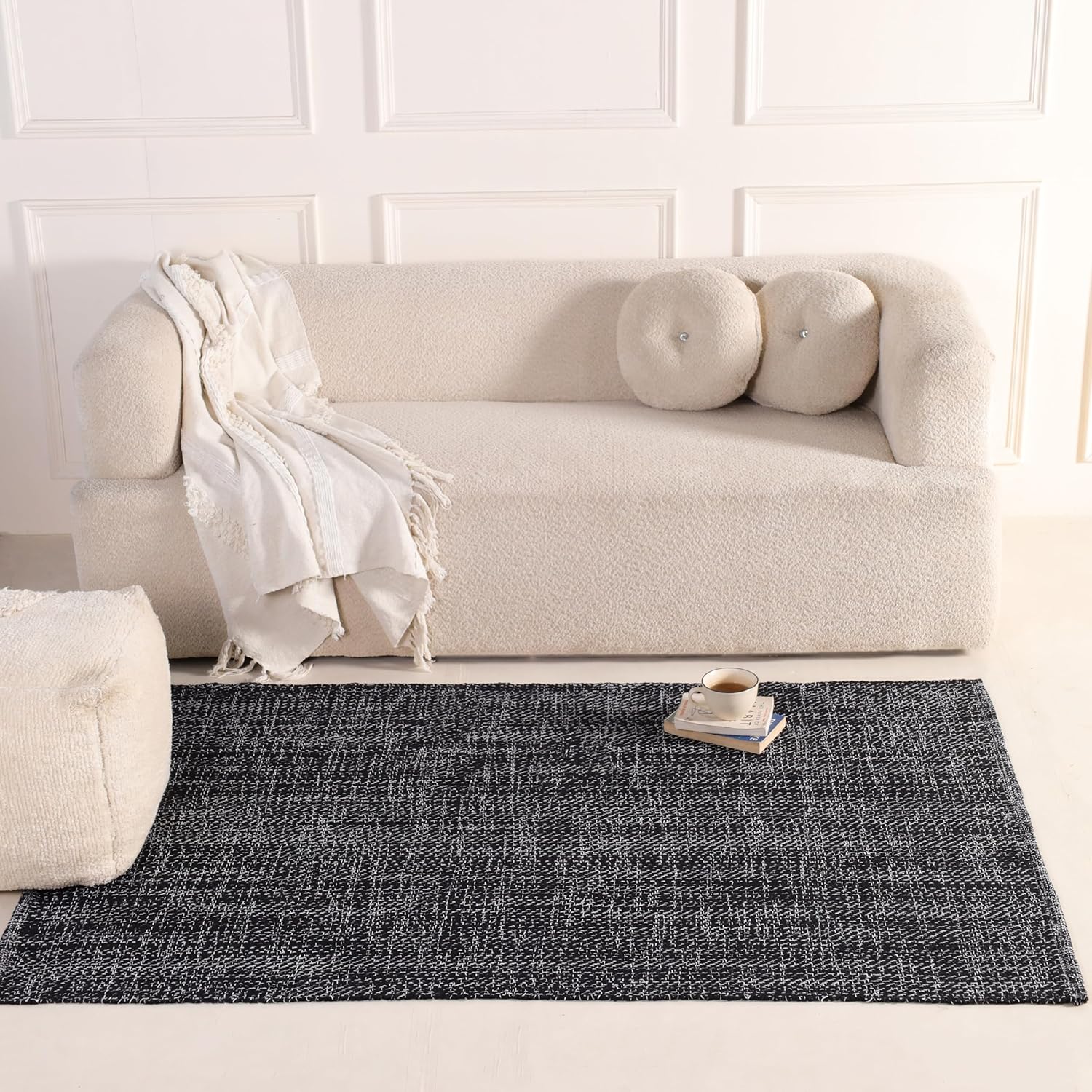 HOMEMONDE Herringbone Cotton Area Rug 3' x 5' Indoor Farmhouse Décor Lightweight Woven Rug for High Traffic Areas Living Room, Bedroom, Kitchen (Black & White)