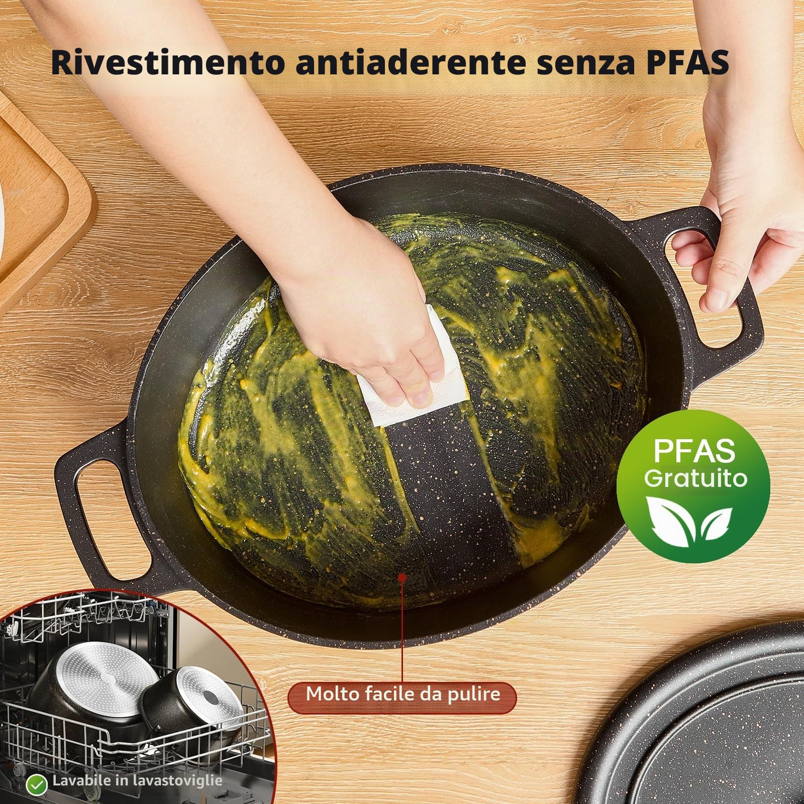 Casseruola ovale in ghisa a induzione Pentola 6,3 L 31 cm di alluminio, rivestimento antiaderente effetto pietra, nero