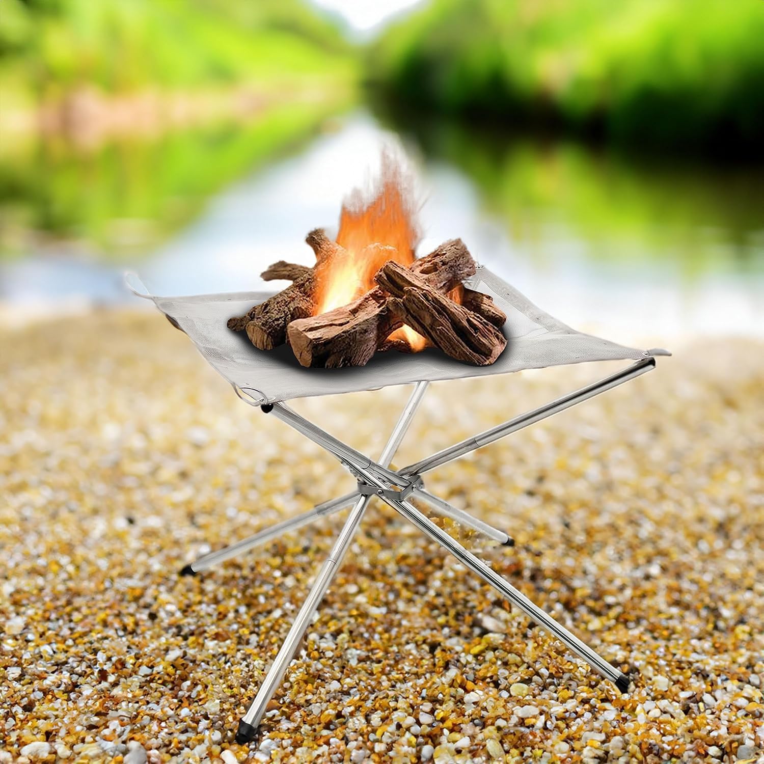 TaktZeit Outdoor Fire Pit for Camping Portable Lightweight Bonfire Stand with Stainless Steel Mesh Foldable Camping Grill (22" x 22" x 17", Silver)