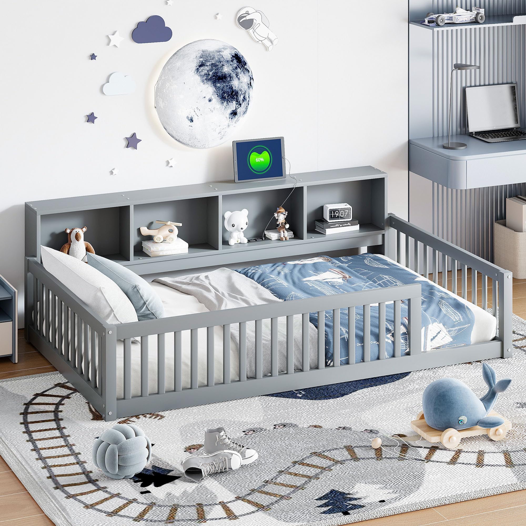 Kids Montessori Floor Bed with Bookcase,Twin XL Size Floor Bed with Charging Station,Floor Bed Frame with Guardrails for Kids,Floor Bed Twin XL with Storage for Girls,Boys,Gray