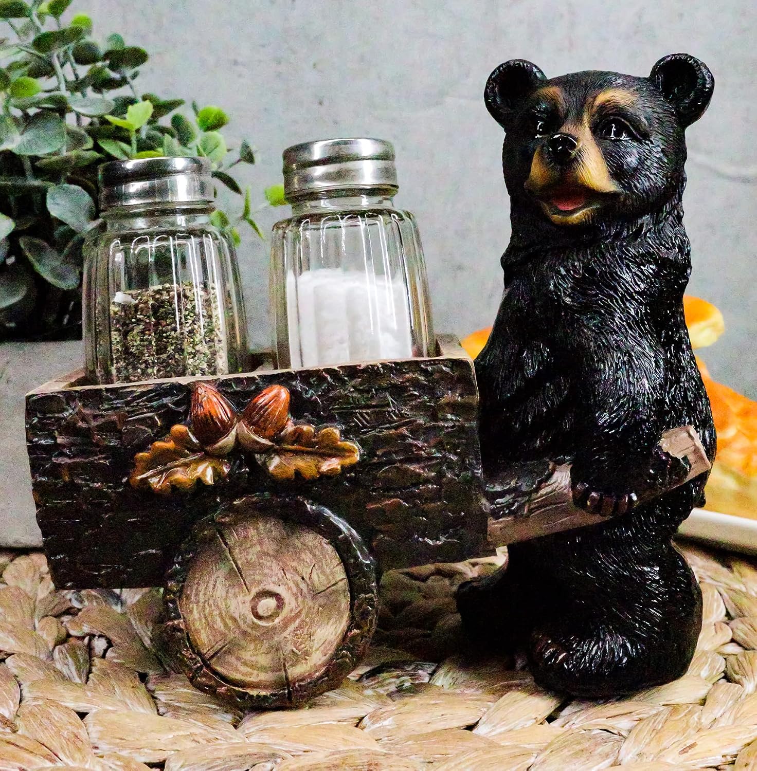 Ebros Woodlands Spice Delivery Black Bear Pushing Vintage Wagon Cart Salt And Pepper Shakers Holder Figurine Set Forest Rocky Mountain Bears Cabin Lodge Hunters Decorative Accent