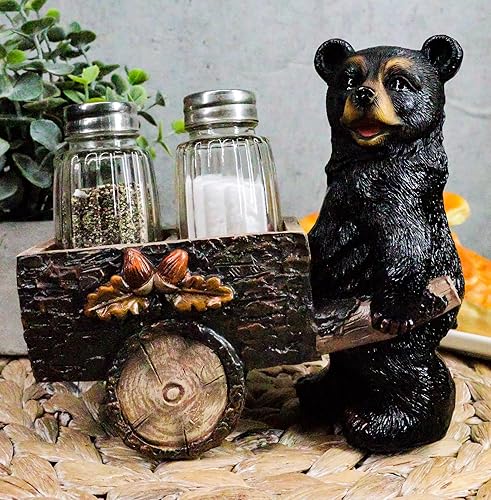 Miniatura 2 de Ebros Woodlands Spice Delivery Black Bear Pushing Vintage Wagon Carro Salero y Pimentero Juego de figuritas de bosque Rocky Mountain Bears Cabaña