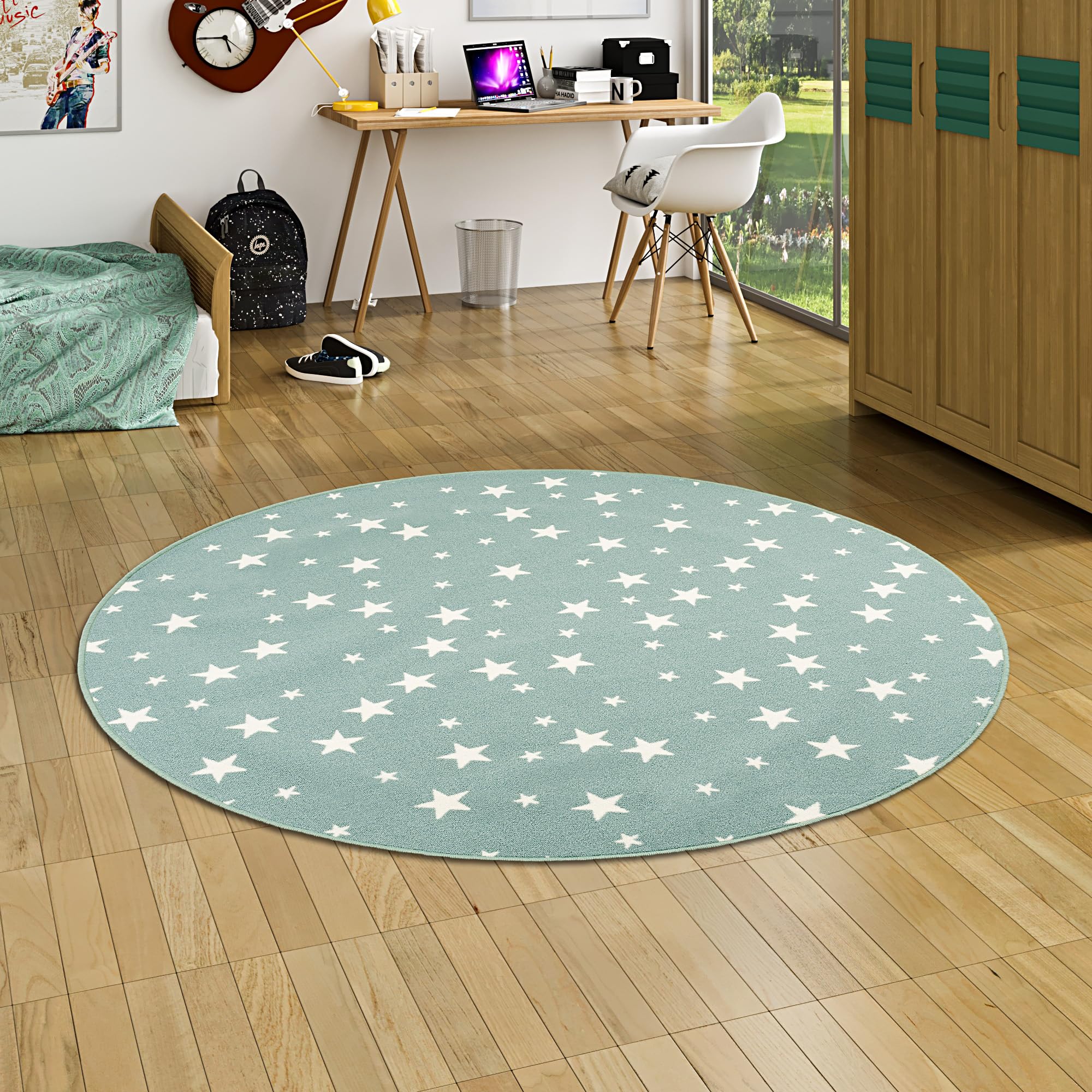Alfombra Infantil y de Juego Redonda con diseño de Estrellas - Verde Menta - 4 tamaños