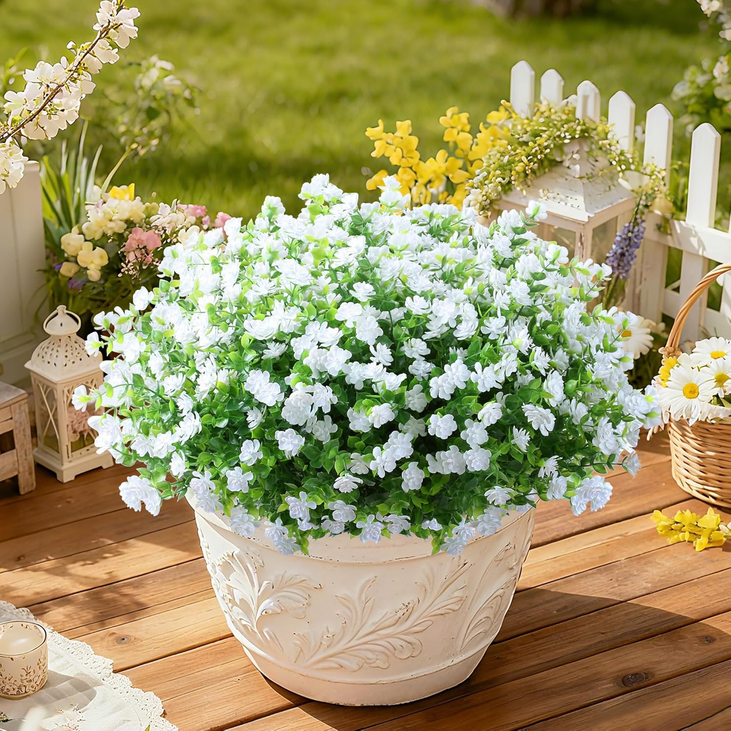 SITUMEIZI 8 Bundles White Artificial Flowers Outdoor Fake Flower Plastic UV Resistant Shrubs Greenery Plants Hanging Decorations Garden Porch Window Box Farmhouse Outside Summer Indoor Decor