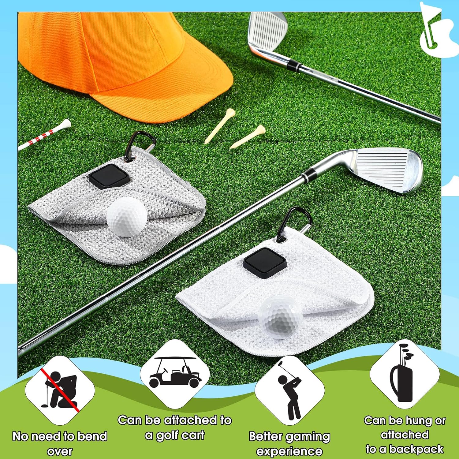 2 Pcs Small Magnetic Golf Towel with Clip 6 x 6 Inch Microfiber Waffle Towels with Carabiner Clip Strength Industrial Magnets for Golf Balls Carts or Clubs - Image 5