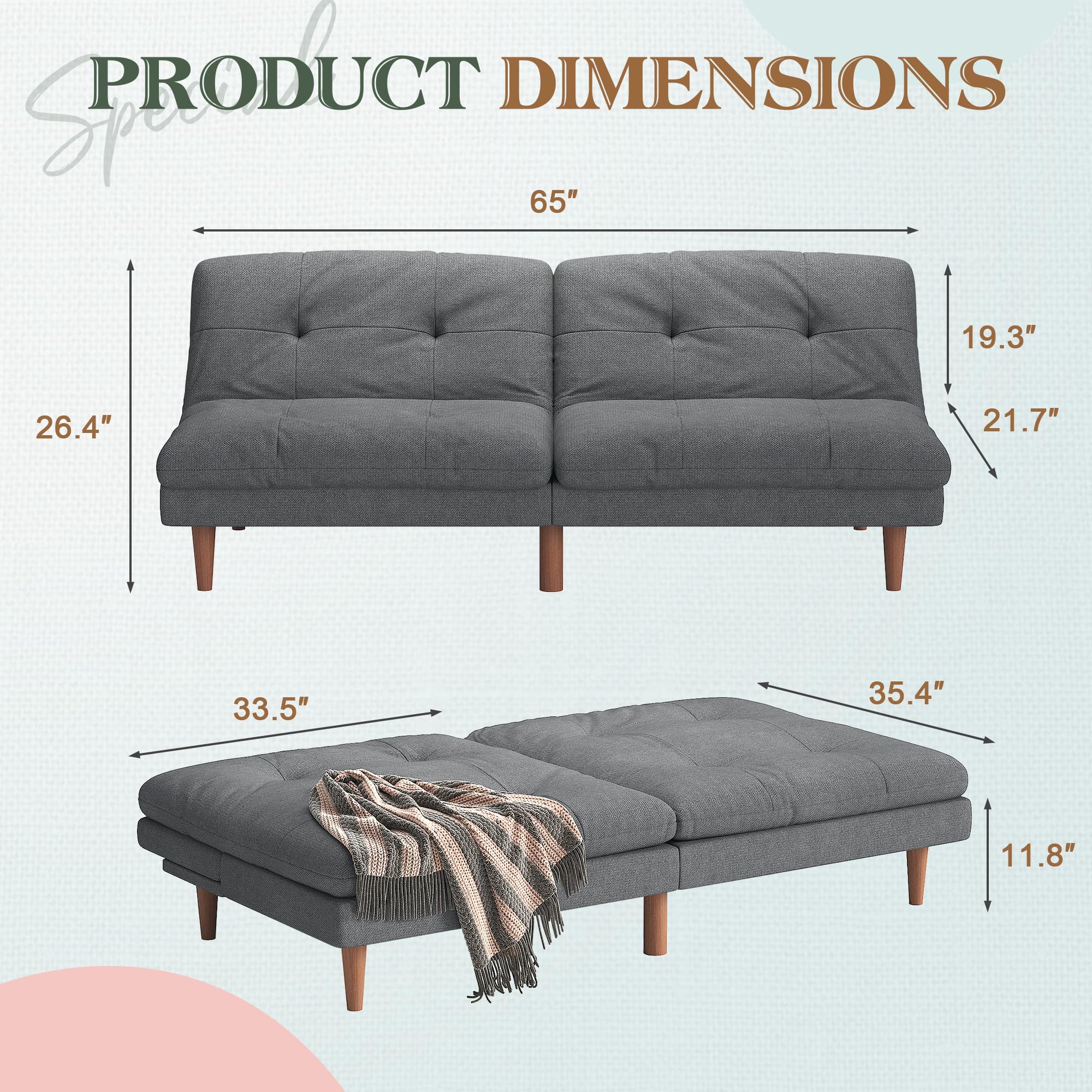Furmax 67'' Futon Sofa Bed, Modern Linen Couch with Adjustable Backrest | Upholstered Convertible Folding Futon, Reclining Sleeper Sofa Couch for Small Spaces, Apartment & Office | Grey
