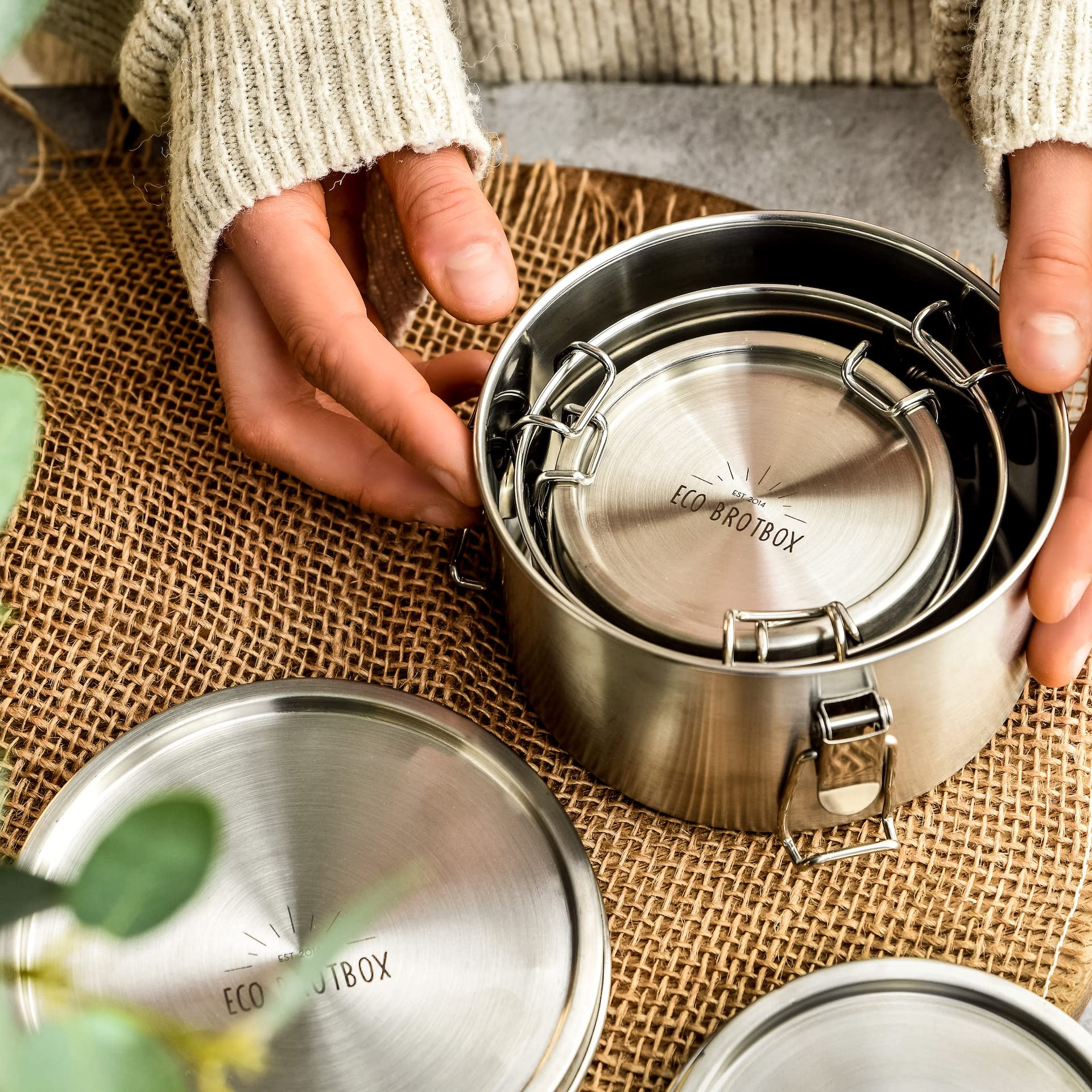 ECO BrotboxStainless Steel Food Storage Container Set of 3, Leak-proof, Dishwasher Safe, 1.3 Liters, Round