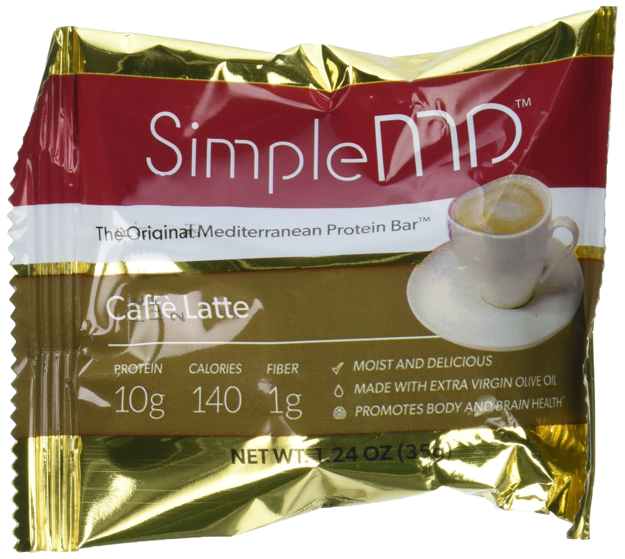 SimpleMD Caffe Latte Mediterranean Bars, High Protein, Low Carb, Gluten-Free, w/ Red Wine and Olive Oil (12 Pack)