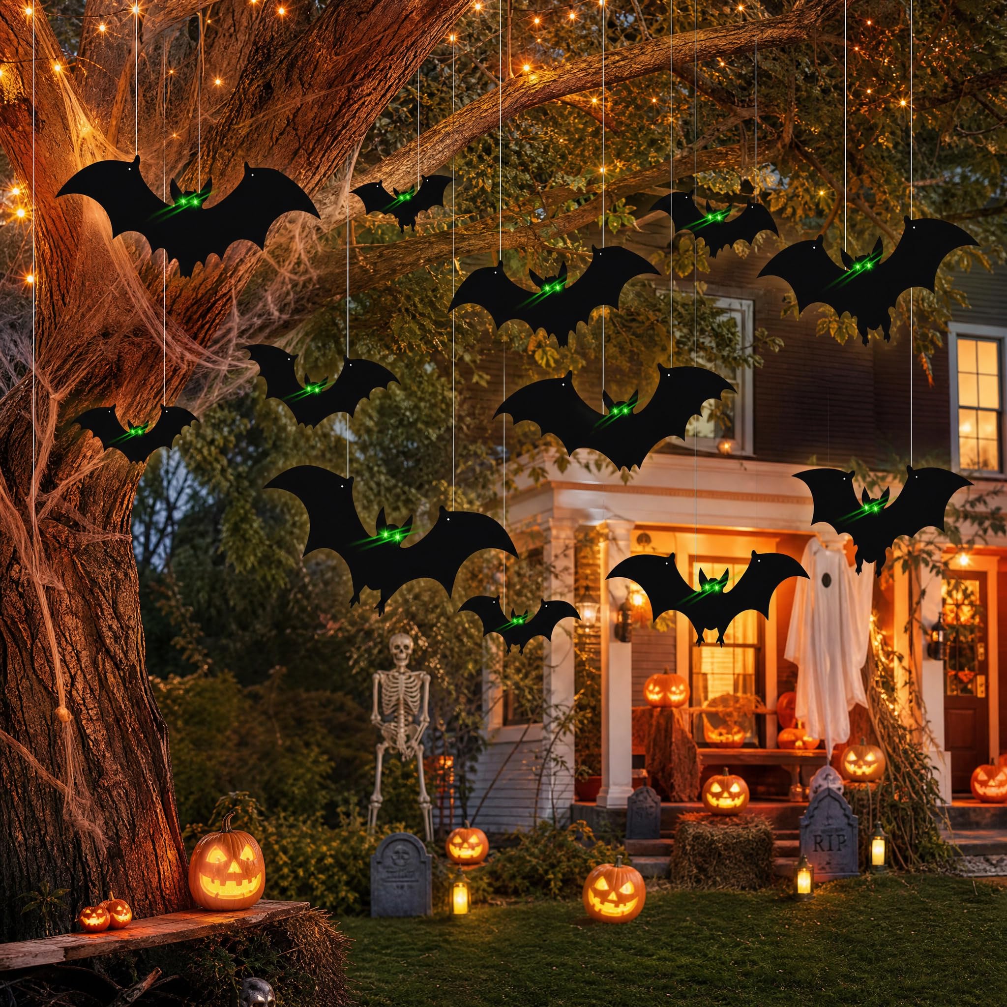 Wiszące nietoperze na Halloween, dekoracja na zewnątrz, duże latające plastikowe nietoperze, dekoracja na zewnątrz, 3 różne rozmiary, świecące w ciemnych oczach, do zawieszenia na drzewie, werandzie,