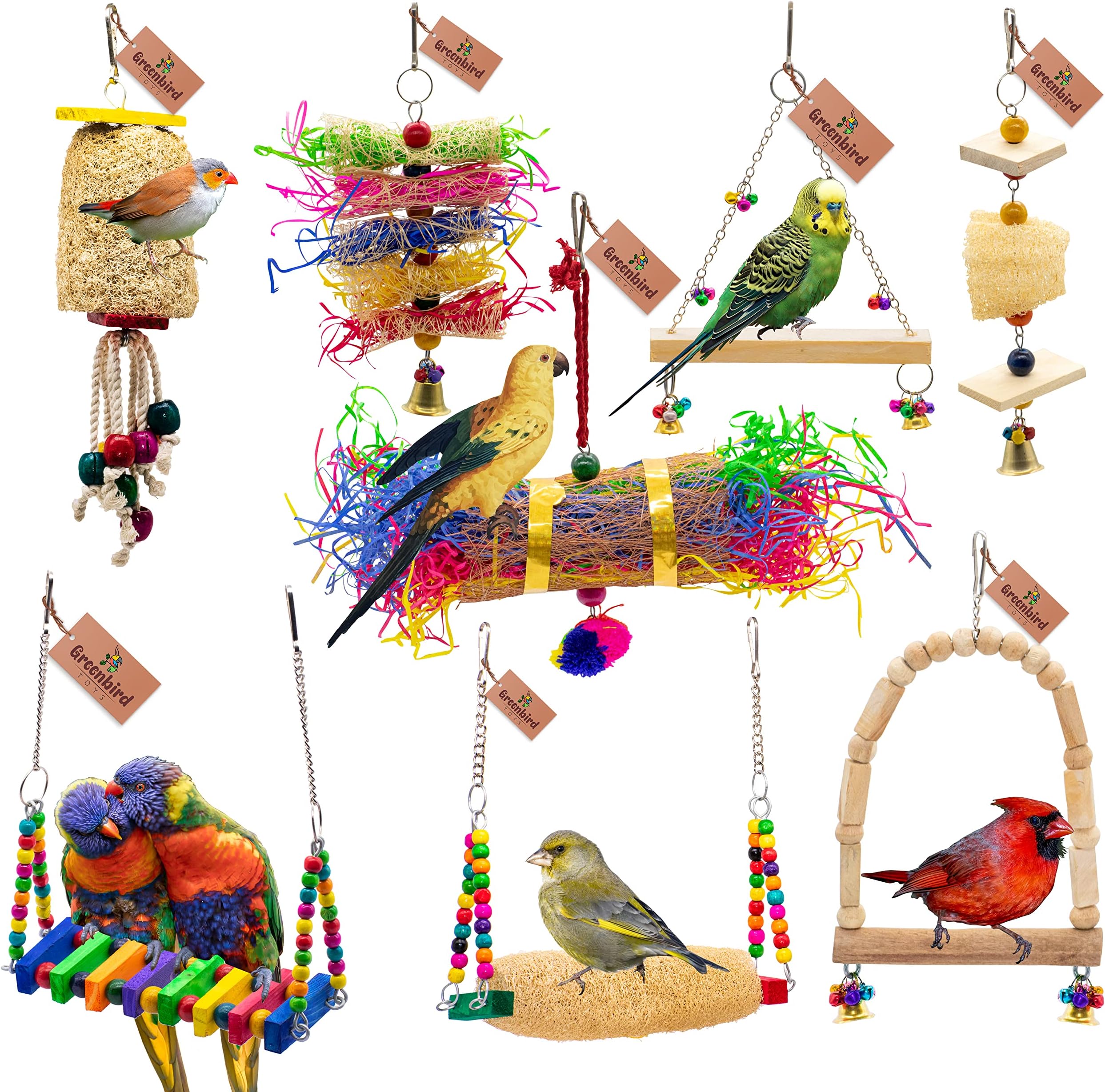 GREENBIRDS 8 Pack Bird Colorful Chewing Toys Perchs, Swings, Ring, Parrot Foraging Shredder Toys for Bird & Parrot Parakeets, Conures, Cockatiel, Lovebird