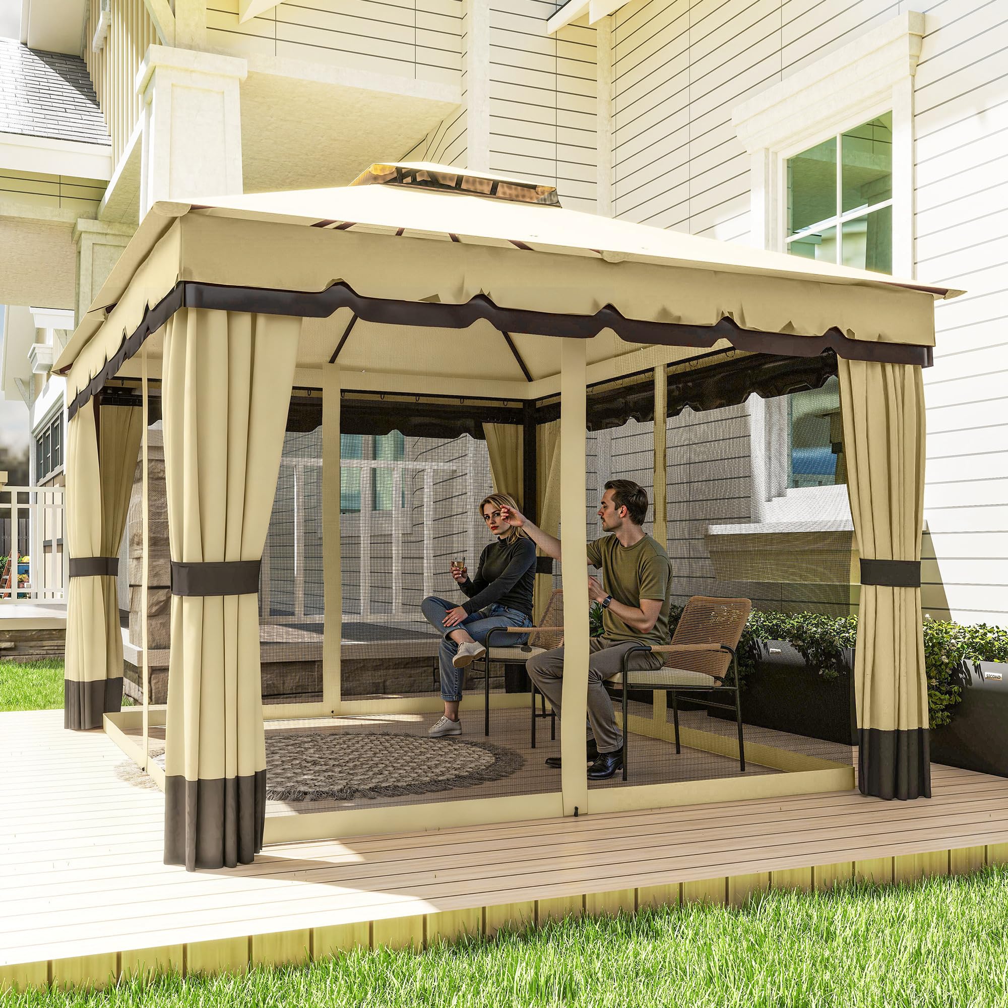 Outsunny Cenador de Jardín 3,7x3 m, Pabellón de Jardín Gazebo con Doble Techo, 4 Cortinas y Mosquitera, Marco de Acero, Orificios de Drenaje, UV30+, para Exterior, Terraza, Patio, Beige