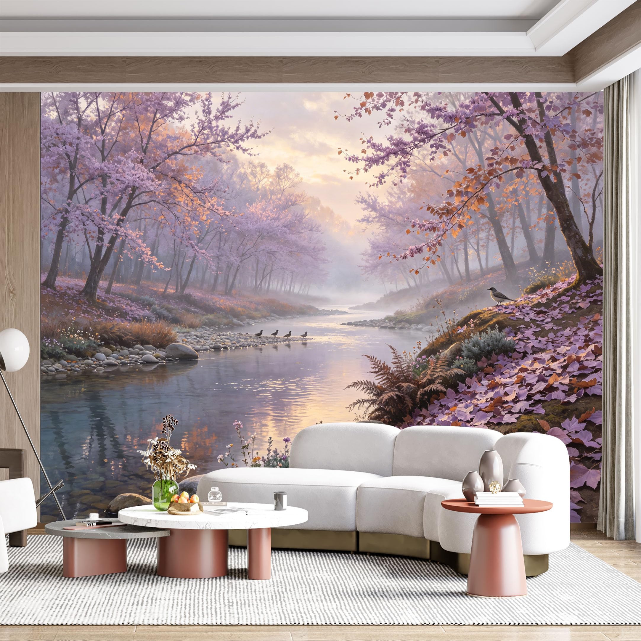 Custom Size Wall Mural Floral River Landscape Serene Misty Morning Watercolor SelfAdhesive Wall Fabric Removable for Home Office Decor