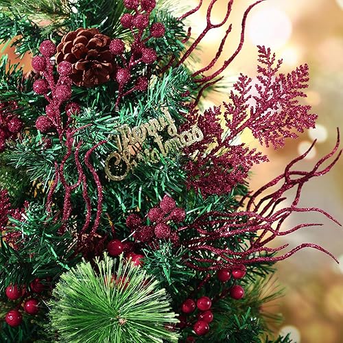 Miniatura 10 de Craftsatin 75 ramas de Navidad con purpurina, 3 estilos, púas artificiales de Navidad, bayas, tallos de pino, ramas florales en aerosol para adornos