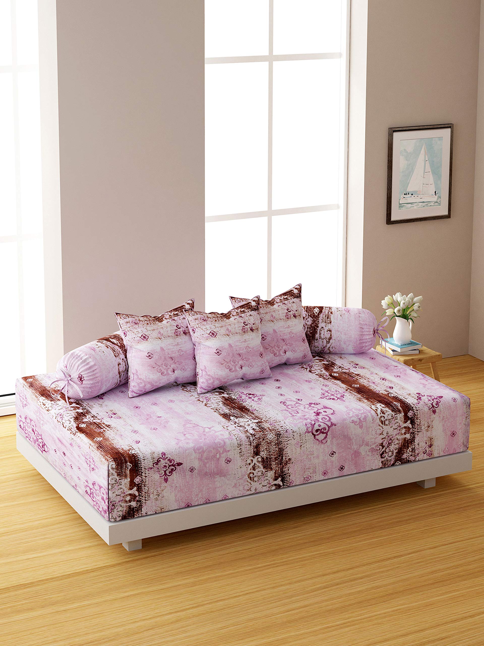 Swayam Diwan Set Cotton 6 Piece Diwan Printed Bedsheet Set for Living Room Hall (Set of 6 Piece, 1 Diwan Sheet | 2-Bolster Cover| 3 Cushion Covers) Soft Feel,Purple Brown-picture-27