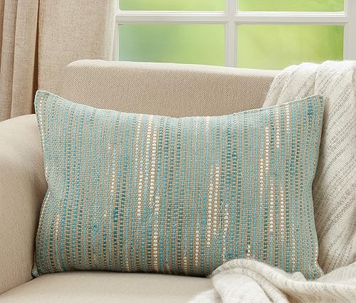 Miniatura 4 de SARO LIFESTYLE Norma Collection - Almohada tejida a rayas con relleno de plumón, 16 x 24 pulgadas, color azul