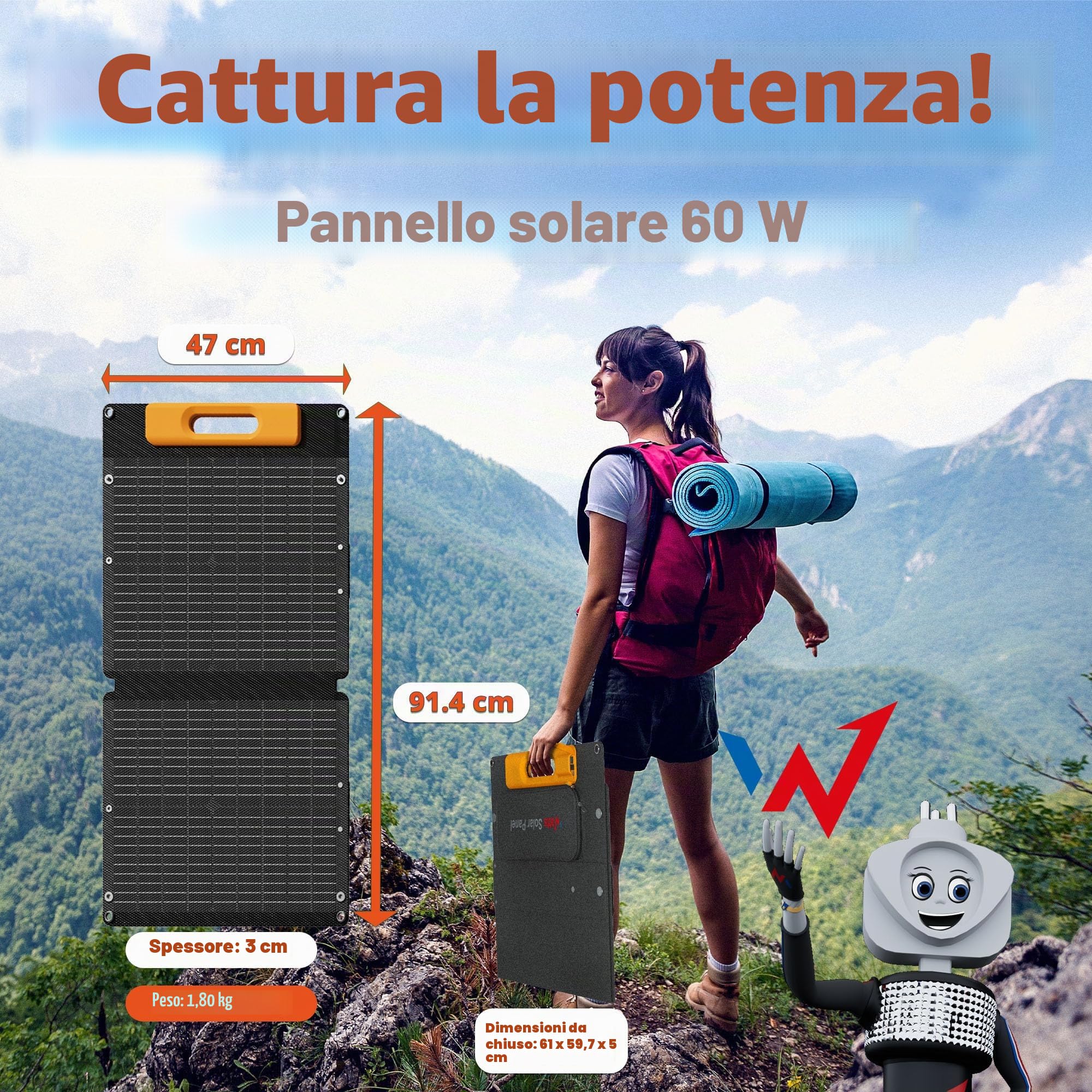 WONDER FULL ENERGY - Pannello solare portatile da 60 W per centrali elettriche, caricatore solare pieghevole, grado di impermeabilità IP65, per esterni, campeggio