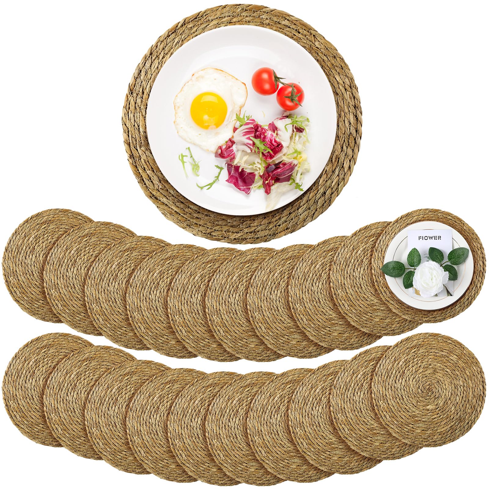 Colingmill 20 Pcs Round Woven Placemats Bulk, Natural Rattan Wicker Chargers, Farmhouse Boho Straw Place Mats for Wedding Home Dining Party Table Decor Water Hyacinth Braided Placemat (13 Inch)