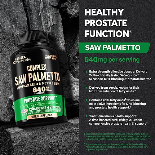 Miniatura 4 de Saw Palmetto para hombres 640 mg - Semilla de calabaza  Ortiga  Zinc y Pygeum - Salud de próstata y suplemento urinario - Bloqueo de DHT y soporte