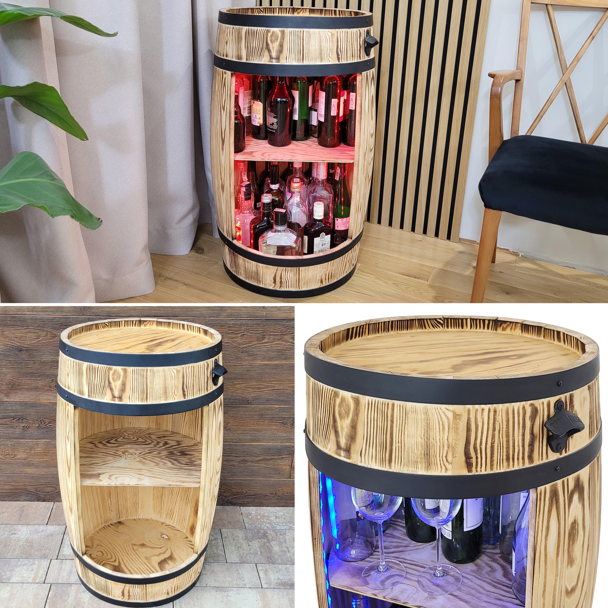 Weeco Armadietto per Vino a LED RGB - Scaffale in Legno - Bar Elegante - Supporto per Bottiglie - Mobile Barile in Legno - 80 x 50 cm
