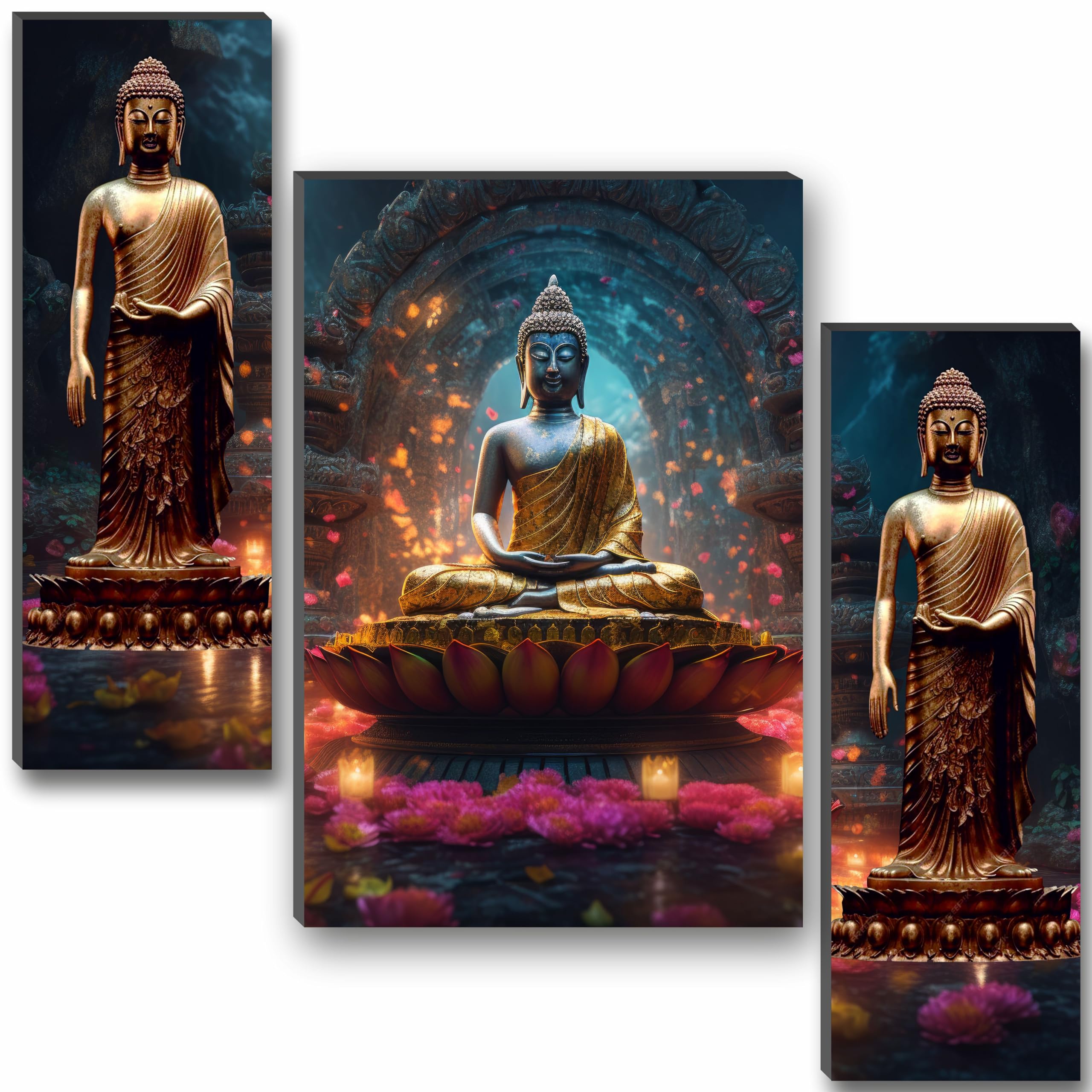 Set of 3 Buddha UV Textured Wall Art Decorative Painting, Spiritual Serenity for Your Home 12x18 Inch (4)