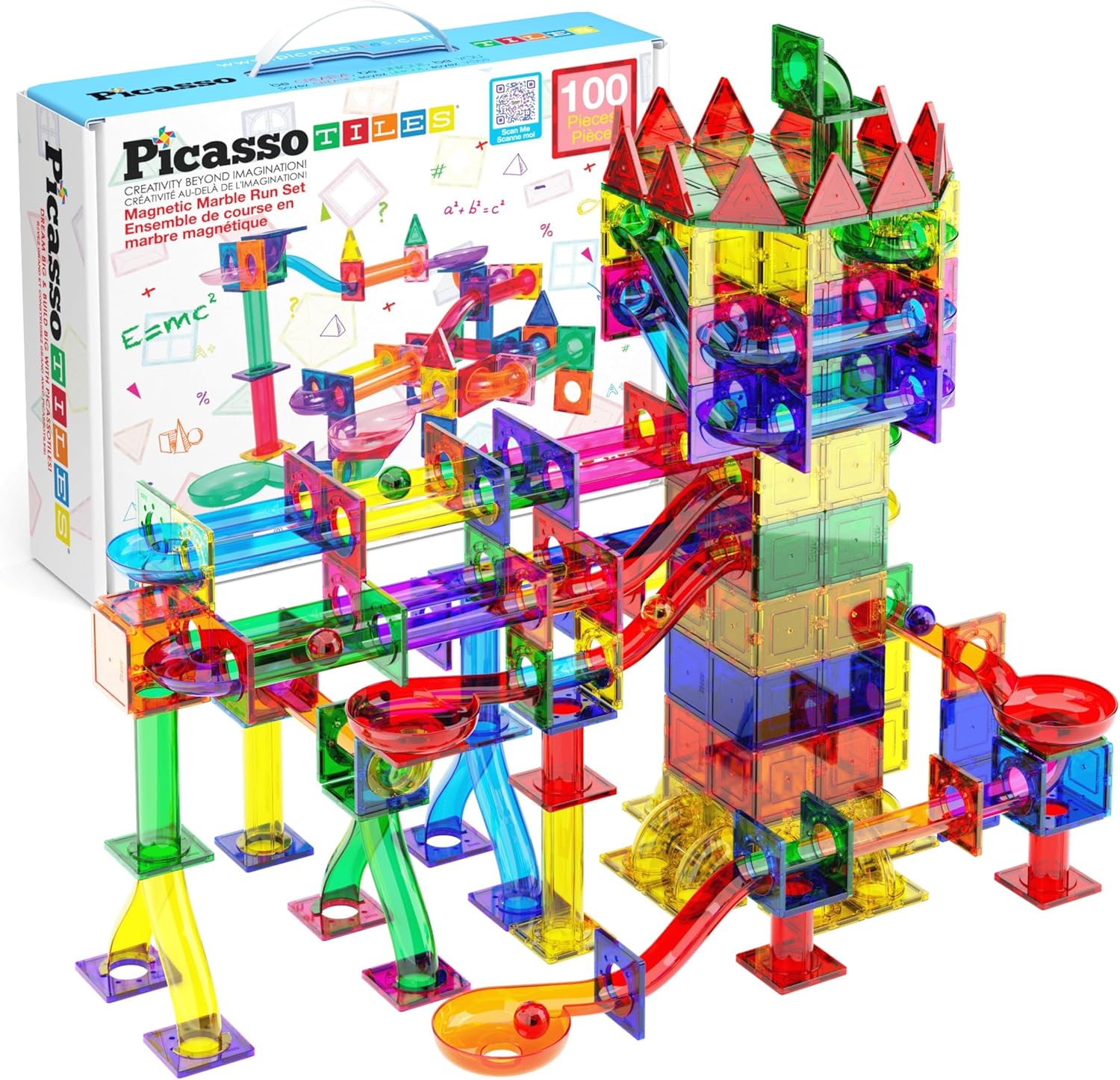 PicassoTiles PTG100 100pc Magnetic Marble Run Race Track Set - STEM Toy with Funnels, Slopes & Balls for Kids Ages 3+ Focus & Problem Solving