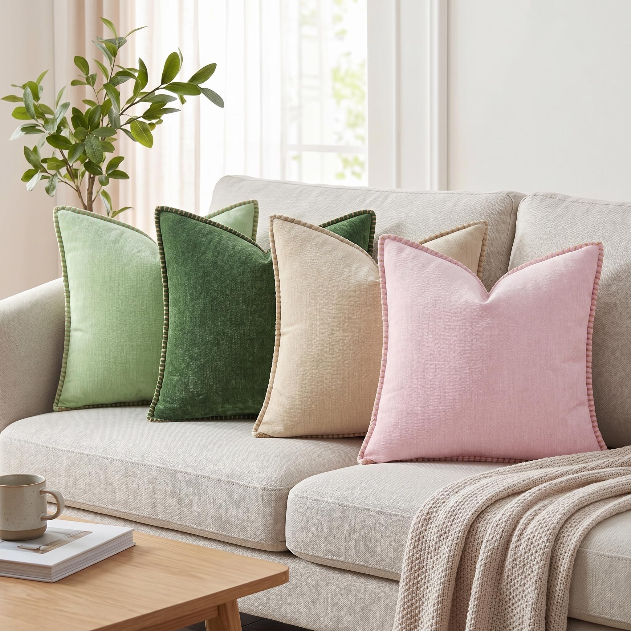 Farmhouse Lot de 2 housses de coussin décoratives en velours avec bords coupés pour canapé, salon, vert foncé, 55,9 x 55,9 cm, insert non inclus