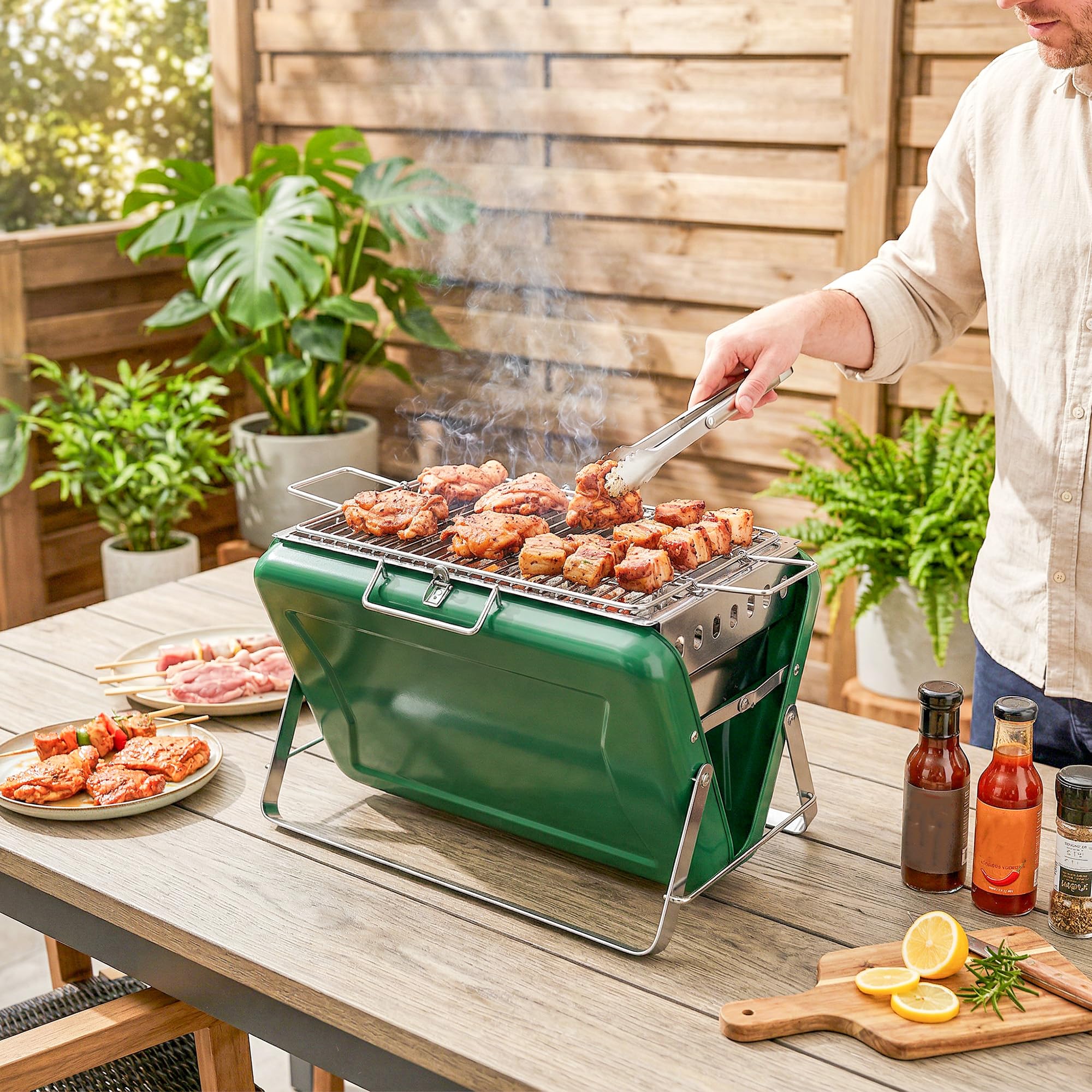 Outsunny Parrilla portátil para barbacoa, parrilla plegable de carbón con asa y patas plegables para camping, jardín, cocina al aire libre, verde oscuro