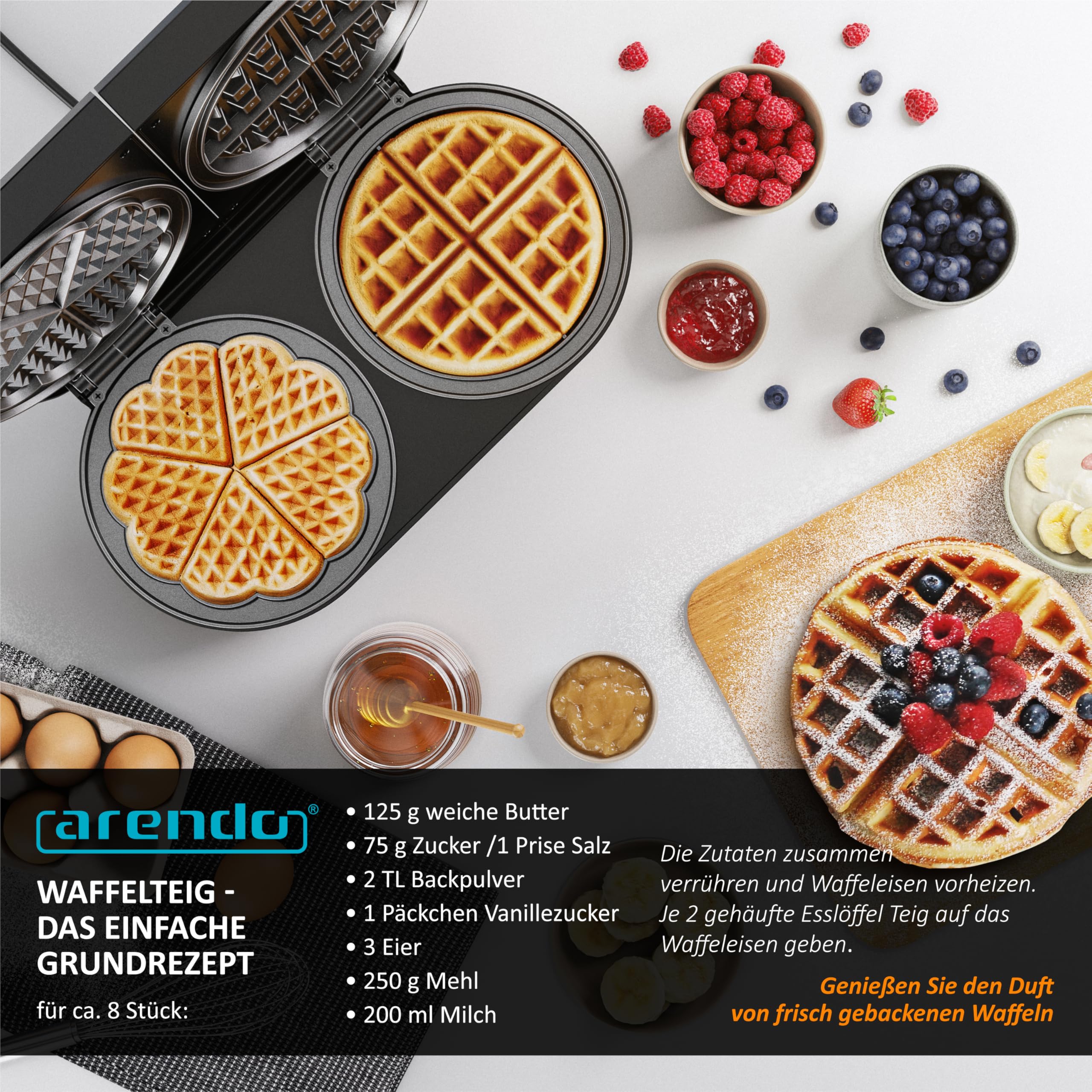 Arendo - Waffeleisen doppelt - Belgische Waffel/Herzform - zwei verschiedene Designs - 2 Zonen - Temperaturregler - Antihaftbeschichtung – 1400 W - Edelstahl - silber/schwarz - BPA frei