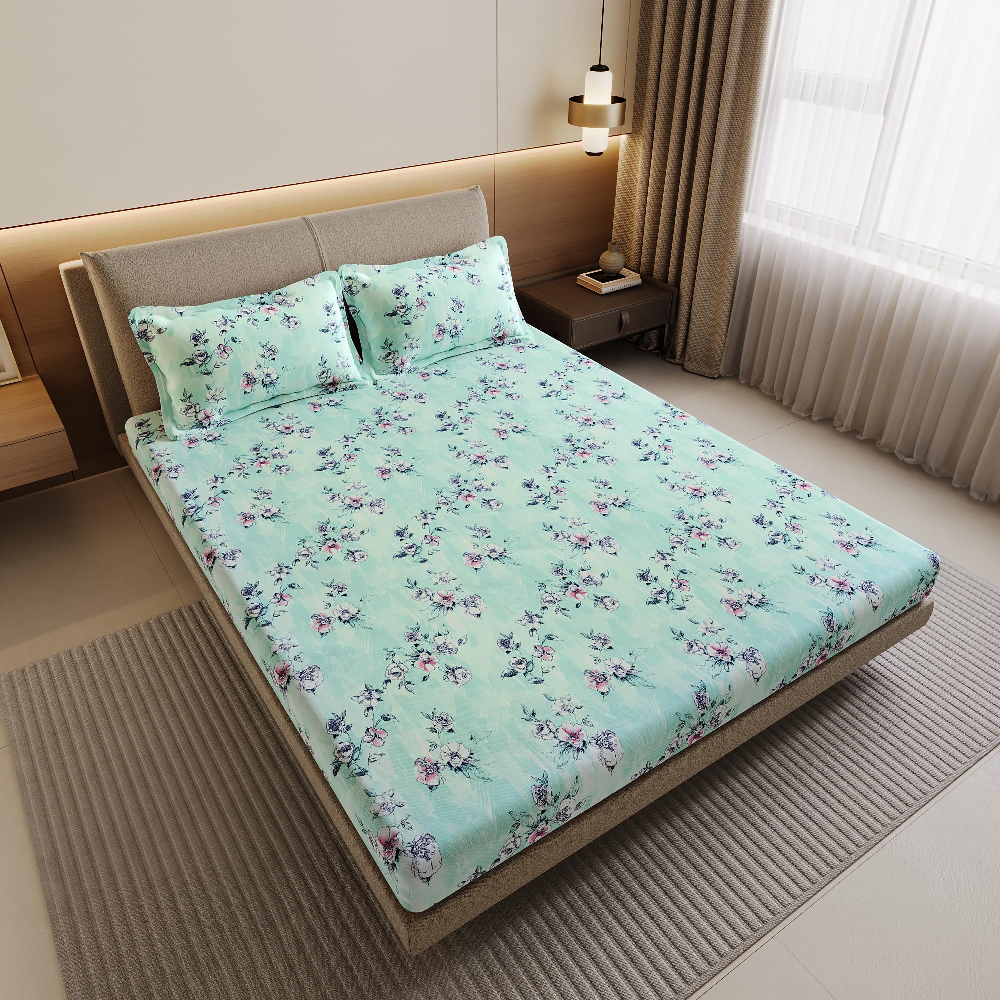 Divine Casa 144 TC Cotton Double Bedsheet with 2 Pillow Covers | Soft Breathable Bedsheet for Double Bed | Modern Printed Bed Sheet Set for Bedroom & Guest Room (Mint Green, Floral)