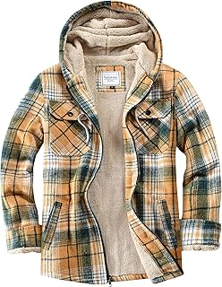 Men's Zip Up Flannel Shirt Jacket Fleece Lined Long Sleeve Plaid Coat Heavyweight Hoodie with Hood