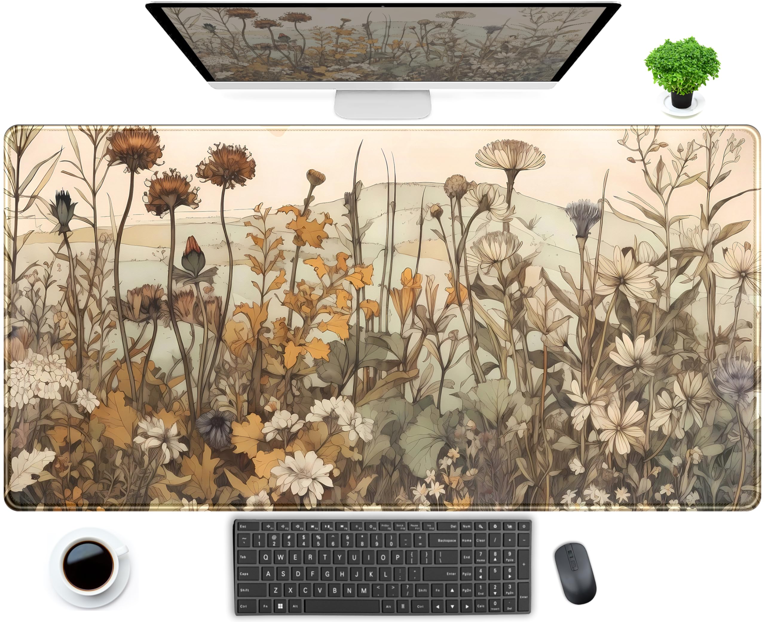 Pastel Wildflower Botanical Floral Desk Mat XXL Large Gaming Mouse Pad, Cute Nature Plant Flower Desk Pad Computer Mat 31.5x15.75 in, Laptop Keyboard