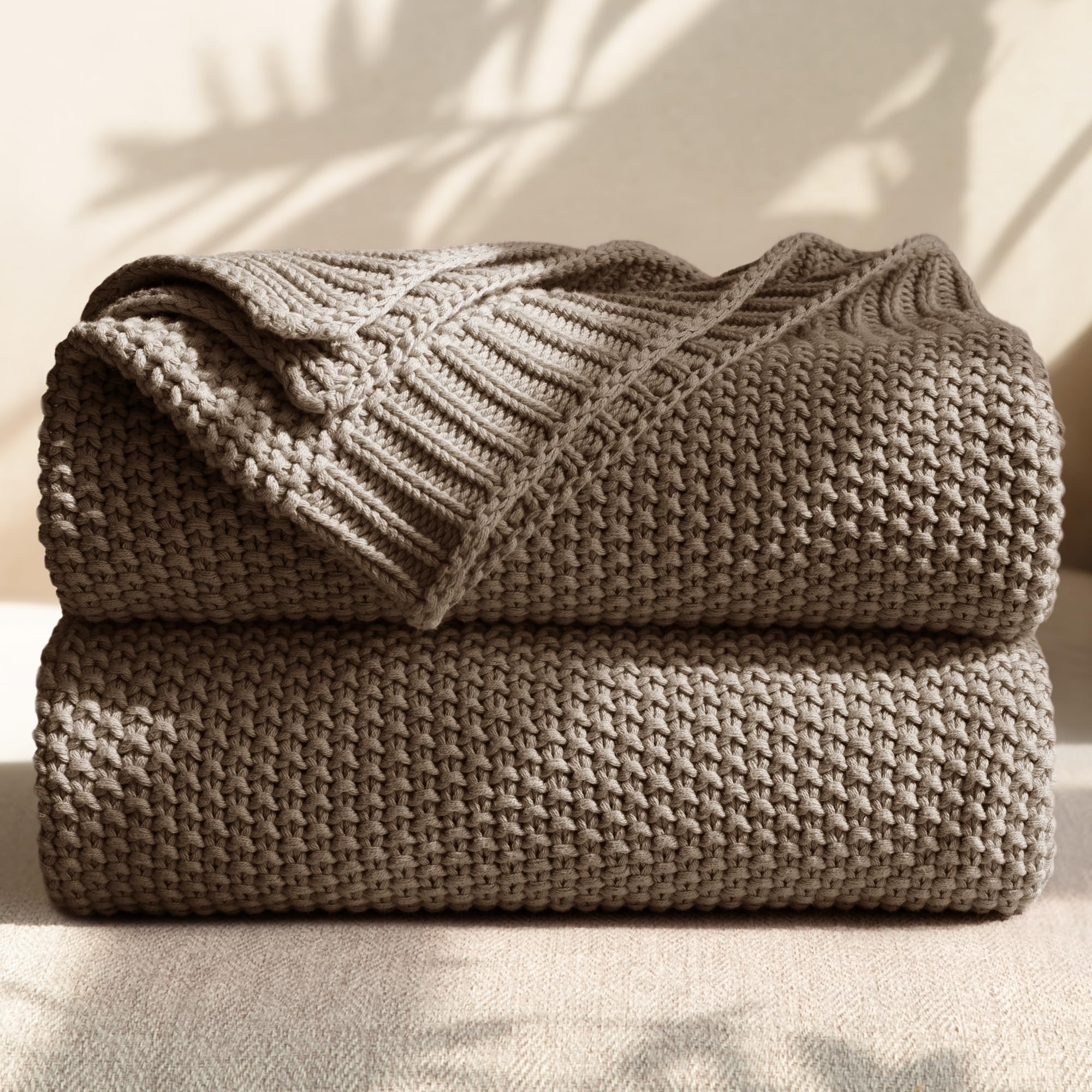 Photo 1 of blunique 100% Cotton Cable Knit Throw Blanket, Lightweight Soft Knit Blanket for Sofa Couch Bed, Breathable All-Season Throw, Cozy Decorative Blanket, 50 x 60 Inch,Taupe