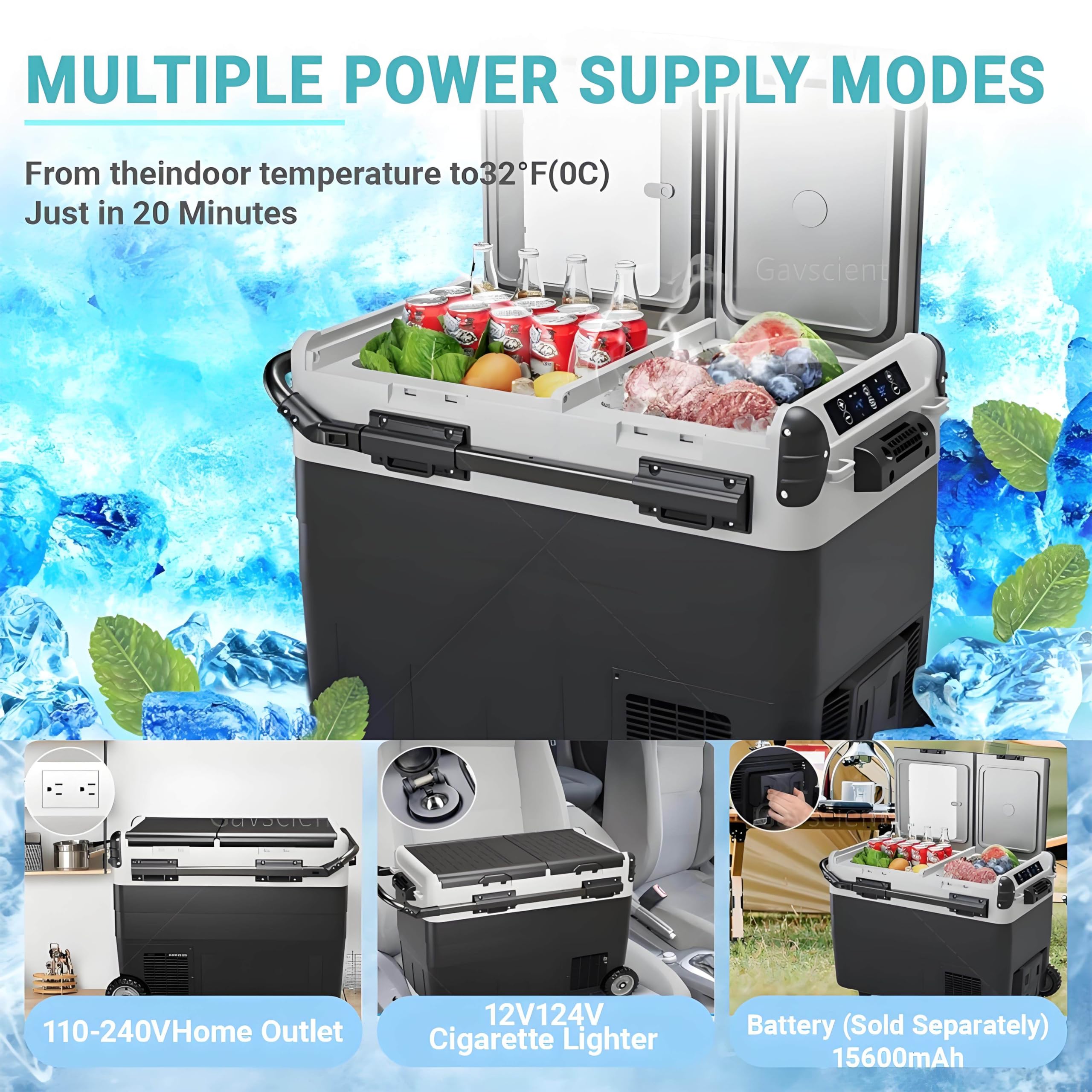 Lodówka samochodowa Dual Zone, -4℉-68℉ Chłodnica elektryczna z kółkami, 12/24V DC, Szybkie chłodzenie do kempingu, caravanu,Withoutbattery-40L