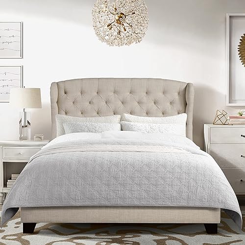 Rosevera Torrey - Base de cama con respaldo de alas, cabecera capitoné de altura ajustable, marco de cama tapizado de tela, soporte de listones de