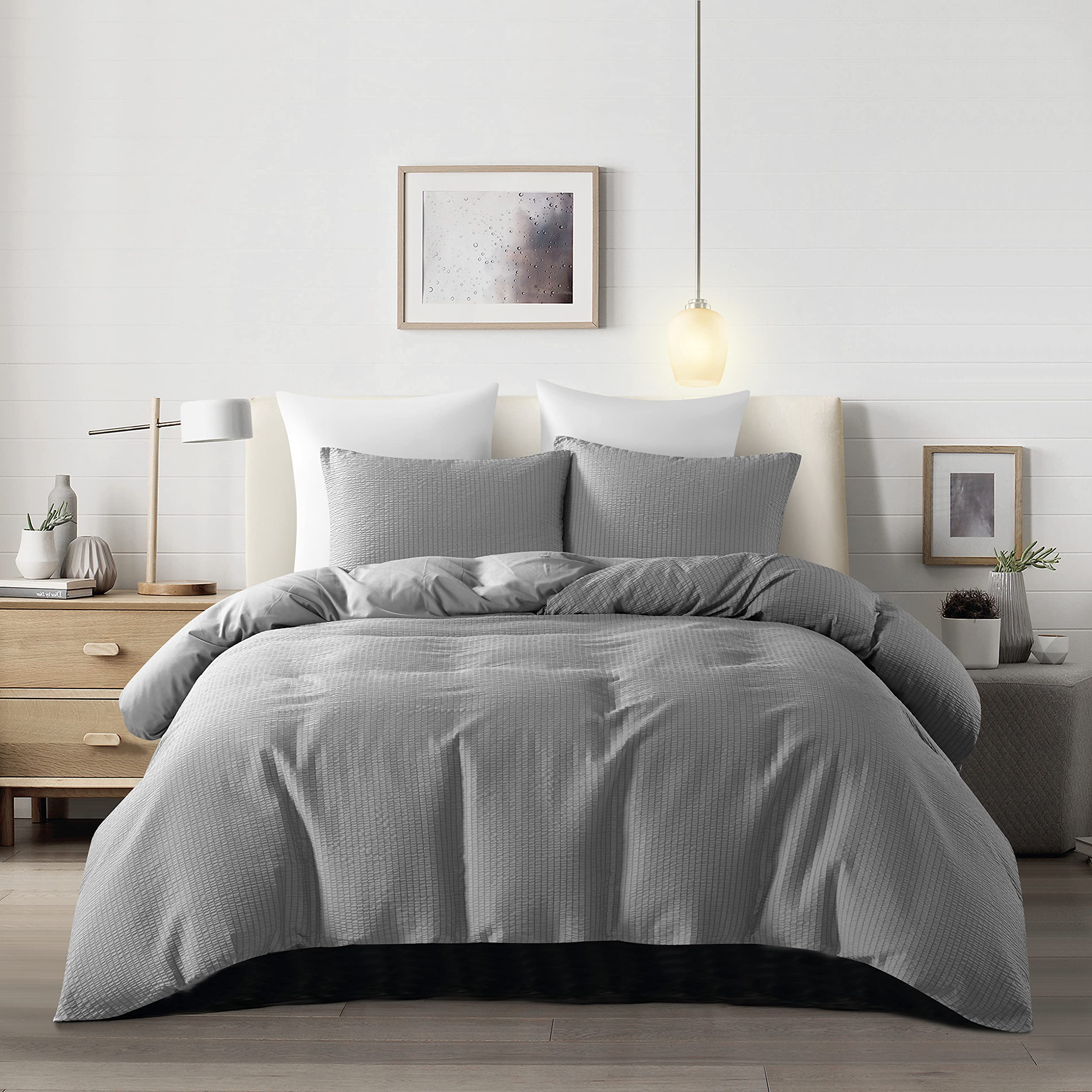 OSVINO Gray Seersucker Duvet Cover Set Double 3Pcs Ultra Soft Washed Microfiber Duvet Cover with 2 Pillowcases Textured Bedding Set with Zipper Closure Corner Ties