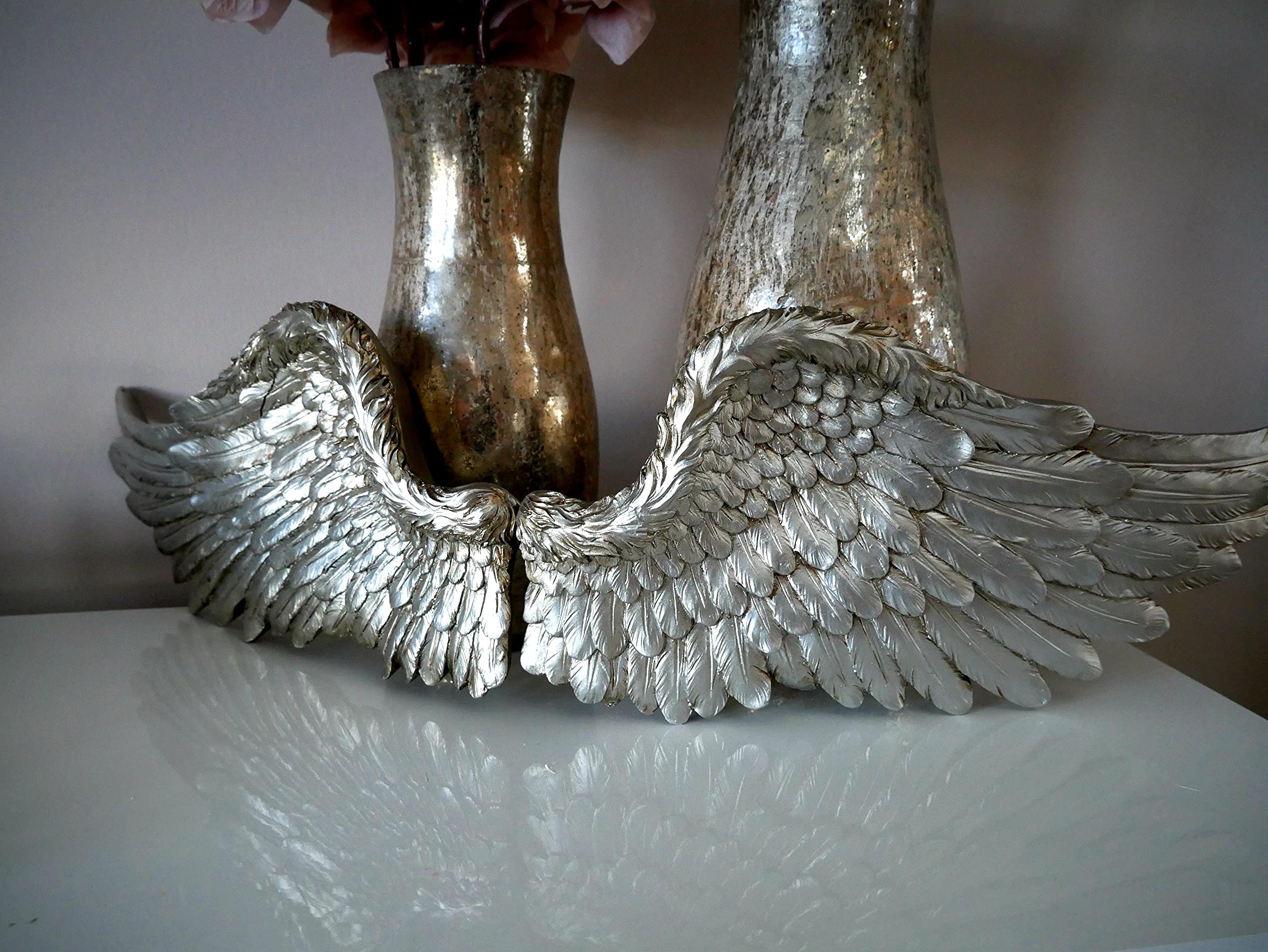 Marco Paul Angel Wings, Vintage Victorian Blanco o Plata Clásico Shabby Chic Angel Wings, esculturas de pared, decoración única escultura de pared (plata grande)