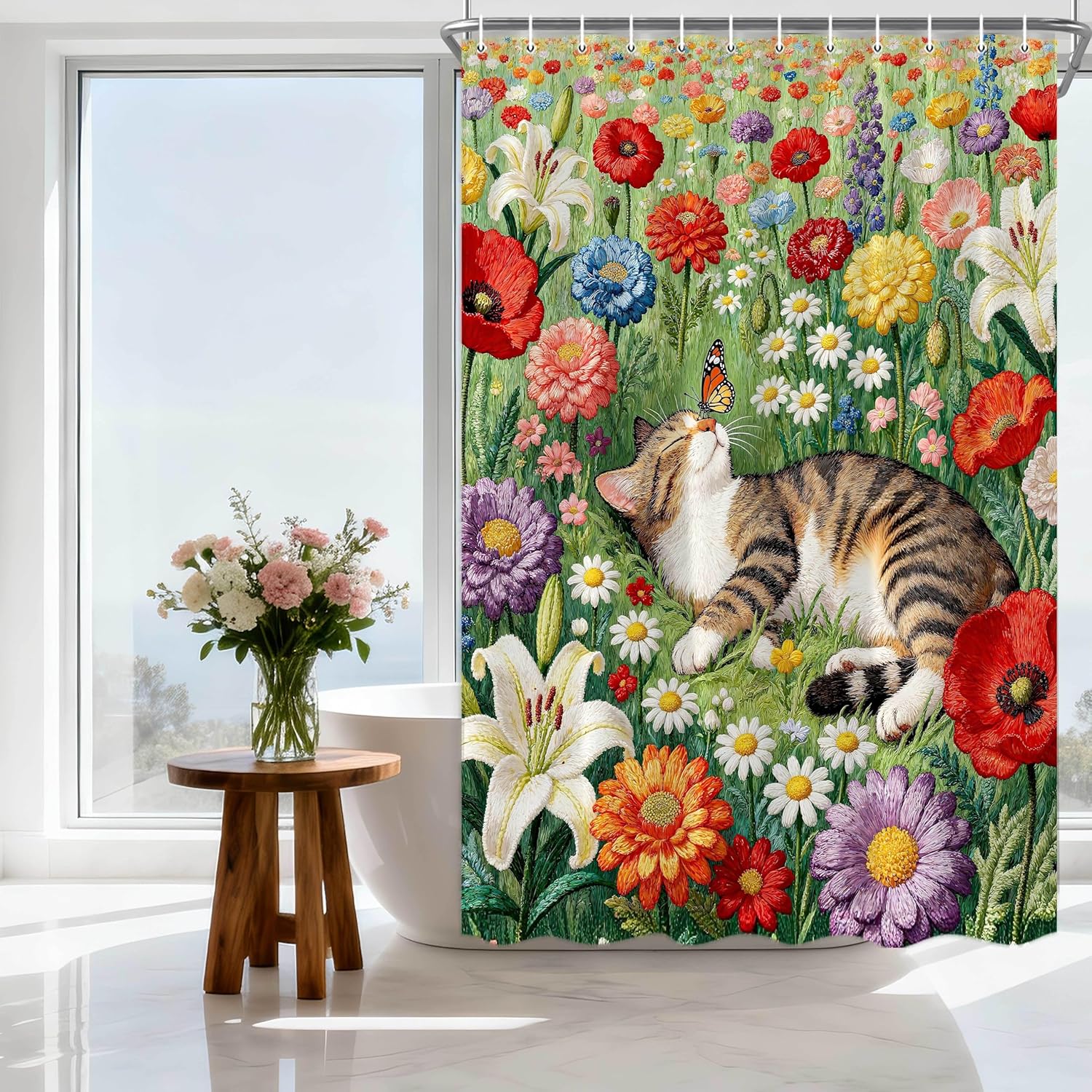Purple Floral Butterfly Shower Curtain，Spring Lavender Vintage Flowers, Boho Pink Blue Wildflower Farmhous Cute Shower Curtain Set,Polyester Waterproof 12 Pack Hooks 71x84inch
