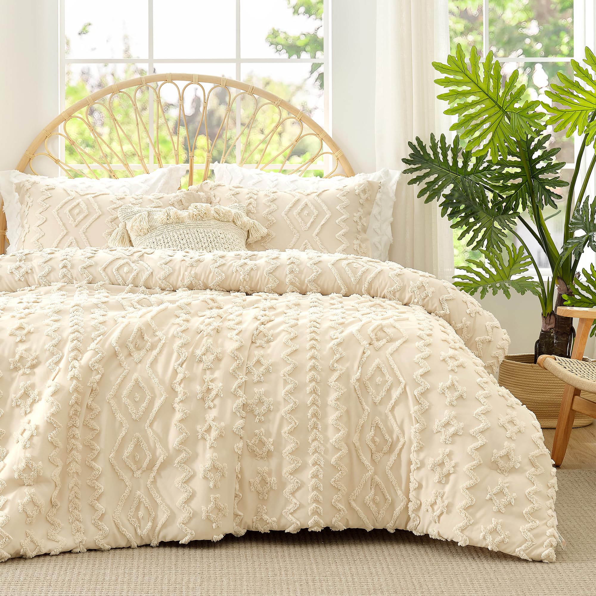 Photo 1 of Amélie Home Tufted Boho Comforter Set Queen Size, 3 Pieces Soft Textured Bed Set, Lightweight Breathable Comforter for All Seasons, Farmhouse Shabby Chic Jacquard Bedding, Cozy Gift for Women, Beige