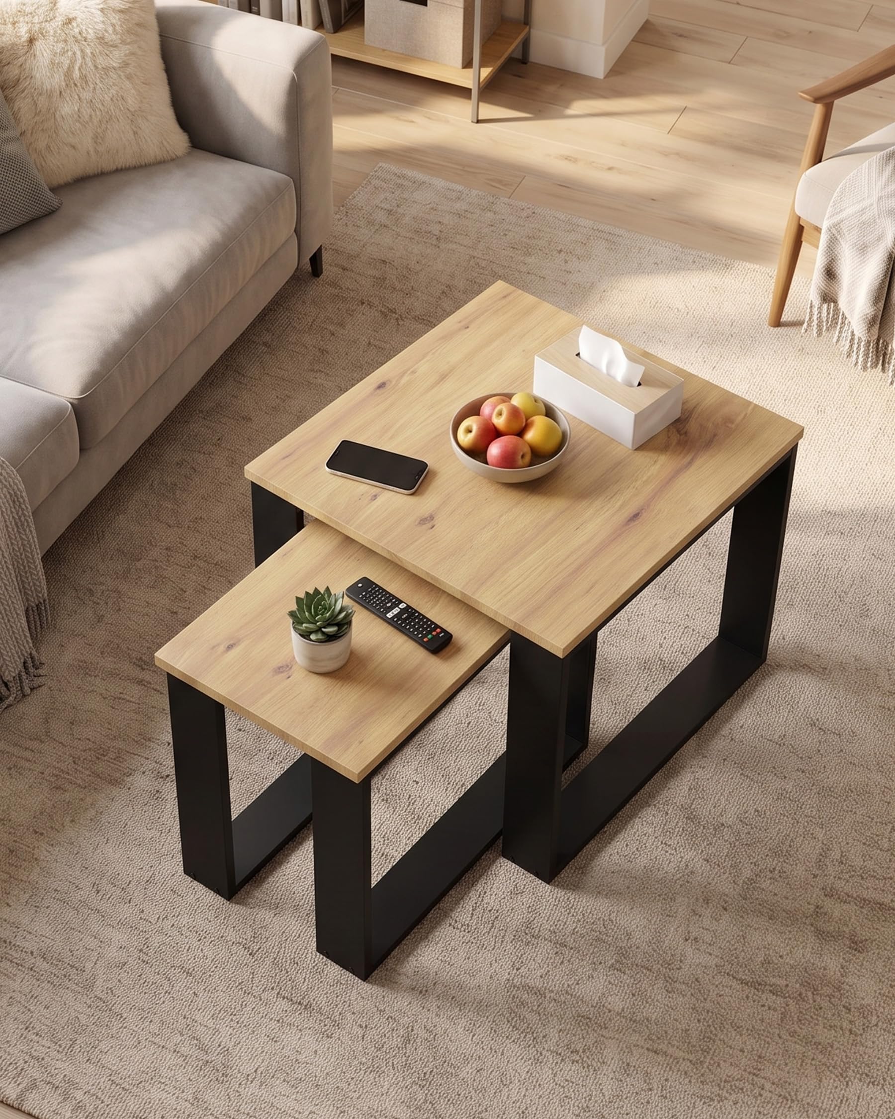 Mesa Centro Madera Cuadrada Set de 2 Mesas de Centro en 2 Tamaños, Mesa Auxiliar Negra y Madera, Mesita para Salón Moderno, Mueble Auxiliar