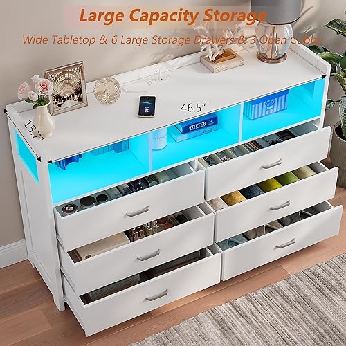 Miniatura 5 de Alohappy Cómoda de 6 cajones con estación de carga y luces LED, cómoda con espacio de almacenamiento abierto, cómoda moderna de doble cajón ancho