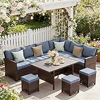 Wisteria Lane 7-Piece Blue Wicker Patio Conversation Set with Ottoman - All-Weather High Back Sectional Outdoor Furniture