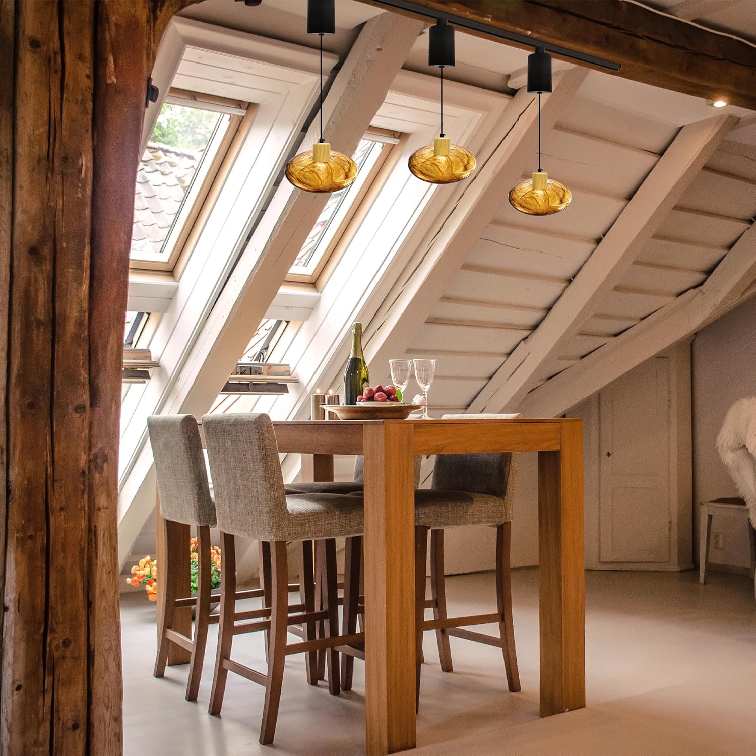 Adjustable Height Halo Track Lighting Pendants, 6.5 ft Cord, H-Type Dimmable Vintage Natural Wood E26 Socket Chandeliers Coffee Glass Saucer Lamp Shade for Kitchen Island Vaulted Ceiling