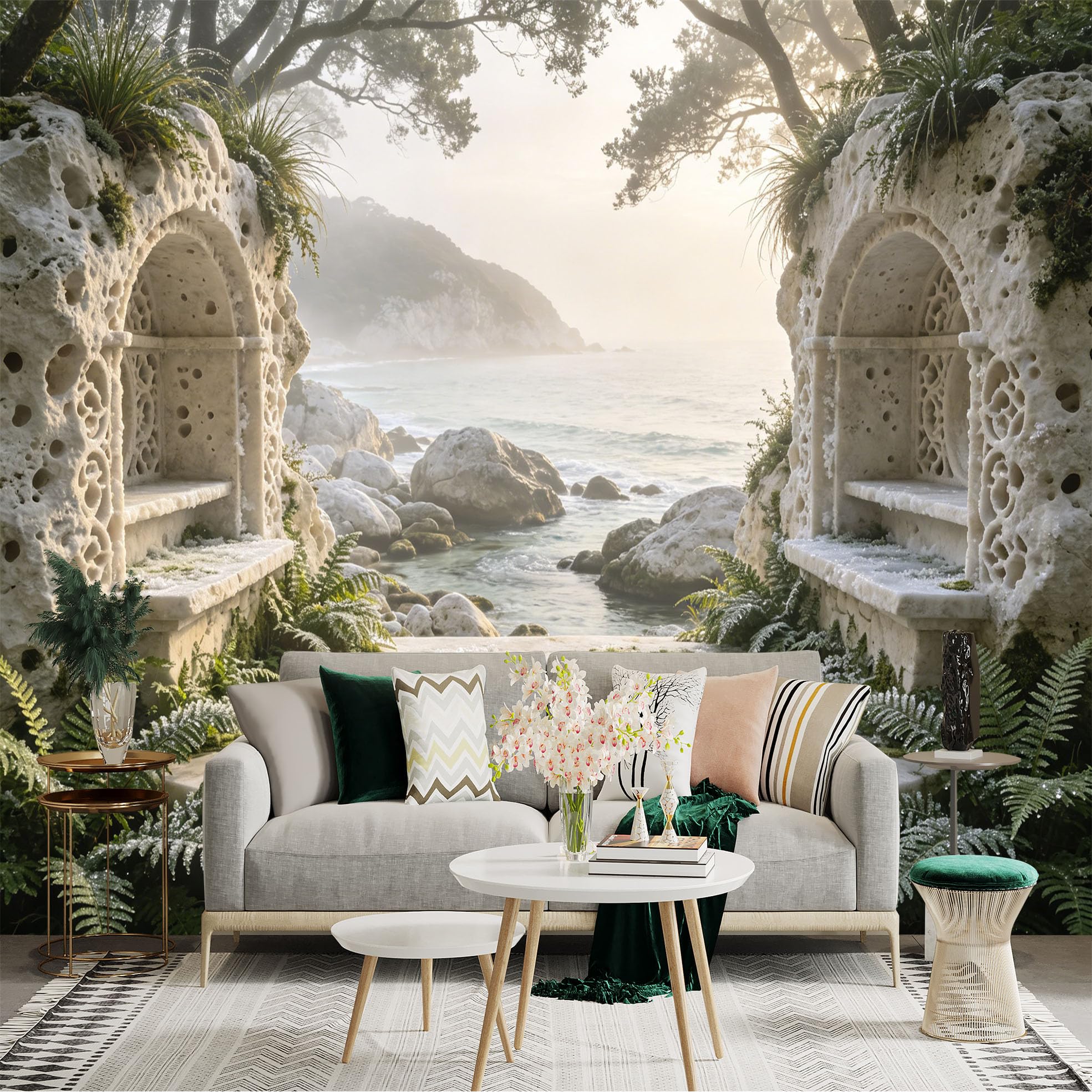 Custom Size Wall Sticker Mural， Coastal Stone Arches with Ferns and Ocean View， for wall Decoration， peelandstick wall Decals.