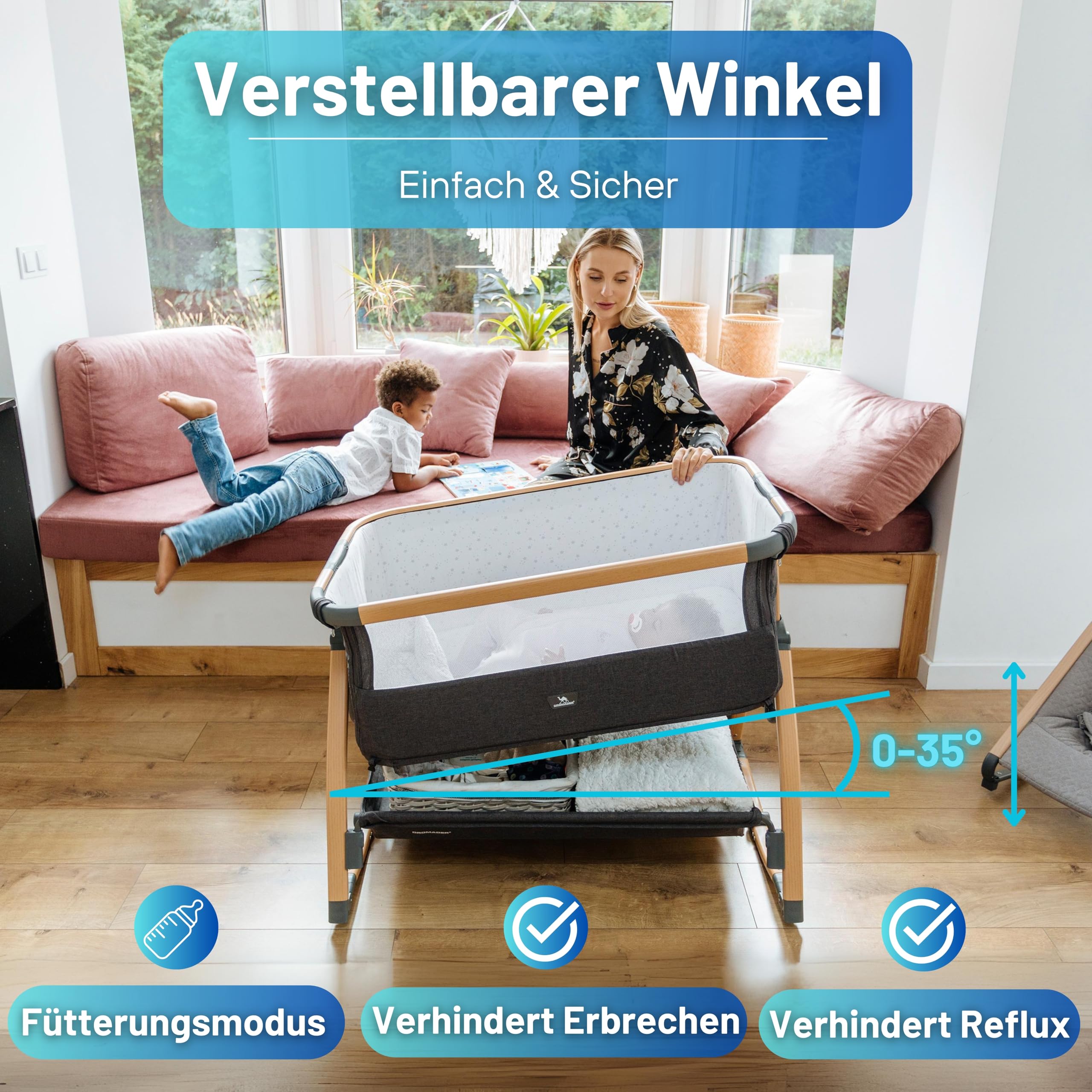 DROMADER Beistellbett Baby 3in1 - Babybett, Babywippe, Reisebett Baby mit Matratze, 0–6 Monate, max 9kg – Stubenwagen mit 7 Höhenverstellungen, Wiegefunktion, Atmungsaktives Netz – Tragetasche