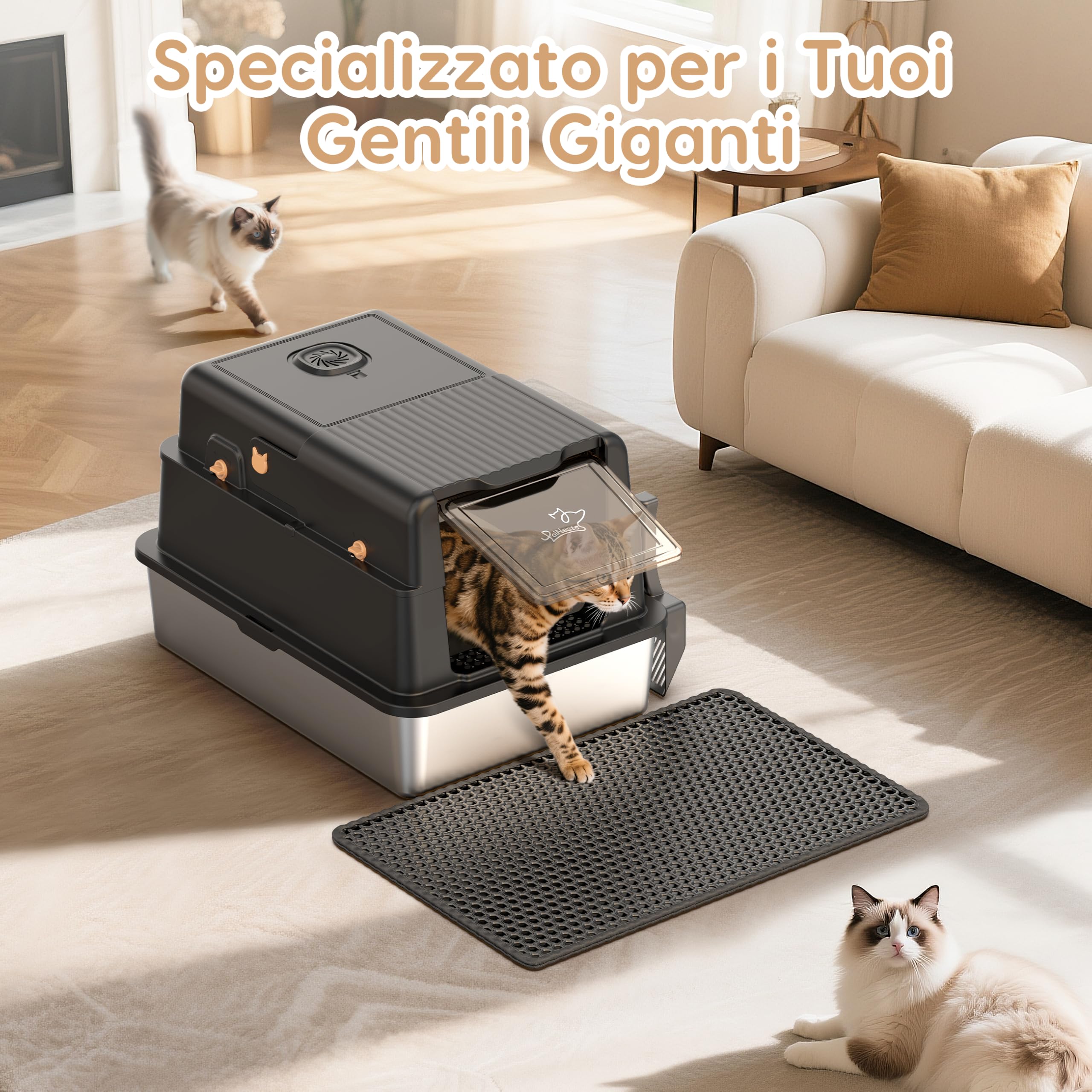 PalNests Lettiera per Gatti in Acciaio Inox, Sovradimensionato Lettiera per Gatti XXXL con Coperchio Ribaltabile a 105° e Paletta, 105L Lettiere in Metallo Rimovibile, Deodorante per Lettiere Gatto